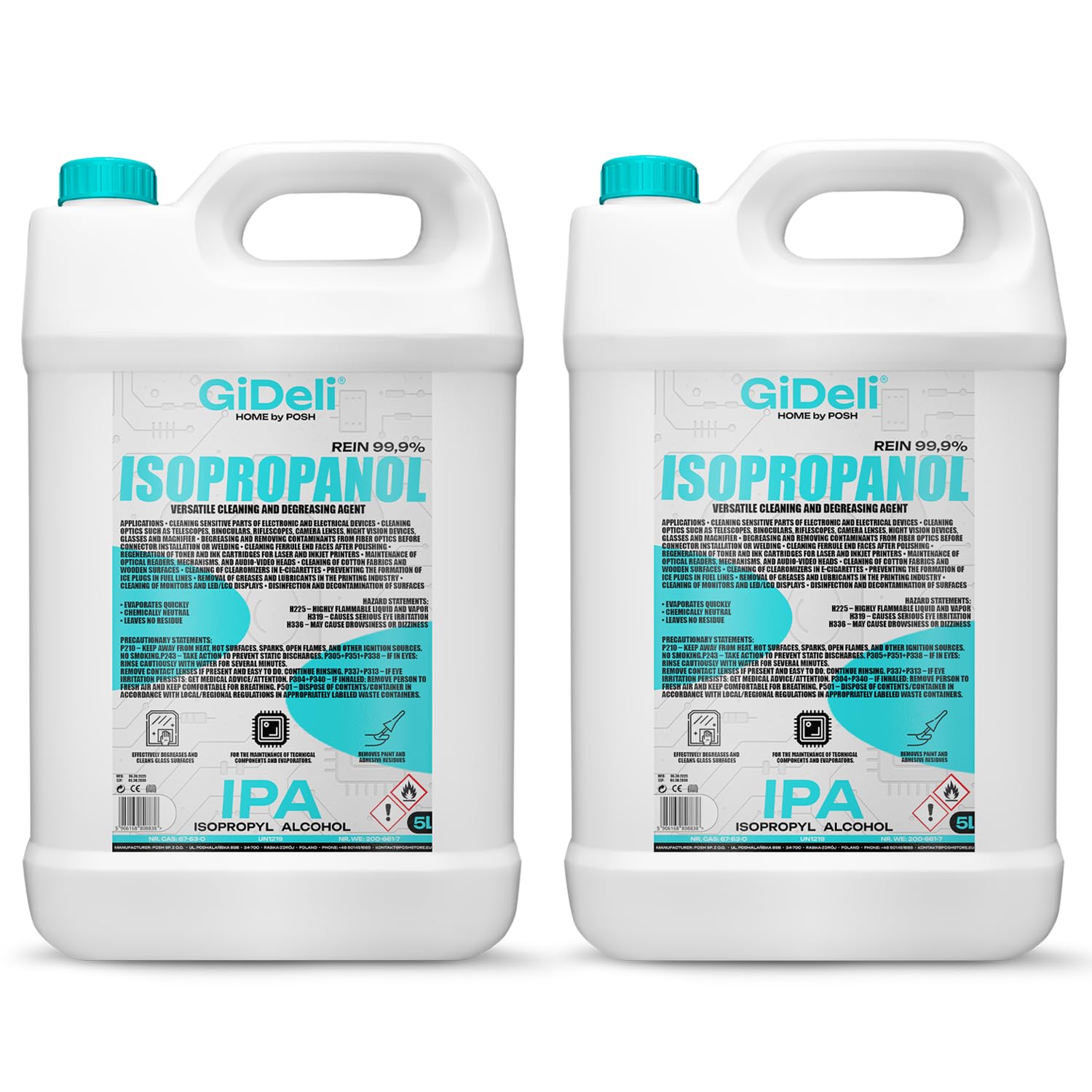 GiDeli Isopropanol 99,9% 2 x 5l - Isopropylalkohol Reiniger Hochprozentiger - Reinigungsalkohol für Elektronik, 3D Drucker zubehör, Glass, Bildschirmen und Linsen