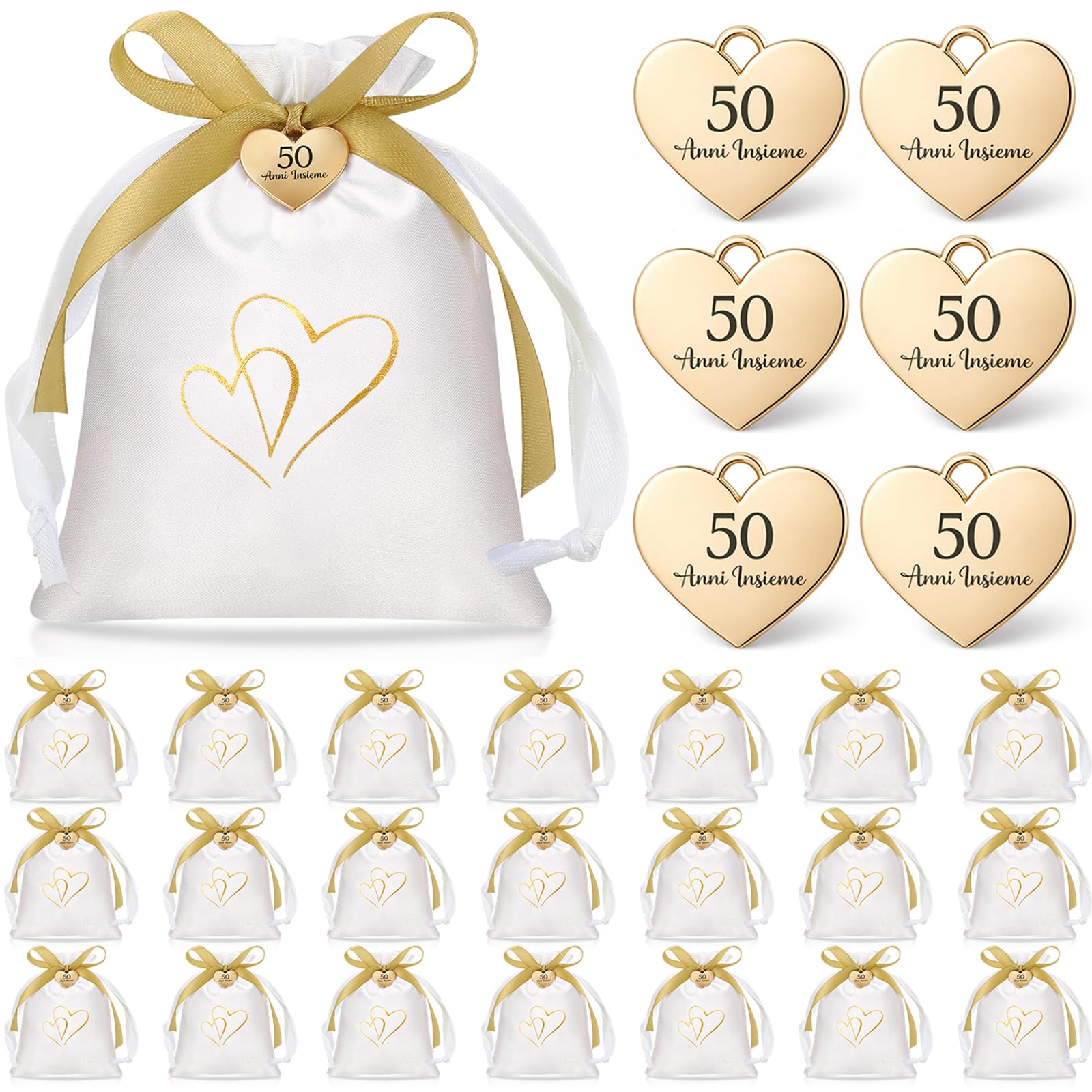 Otuuz 25 Set Bomboniere Matrimonio Sacchetti Bomboniere Sacchetti Regalo in Raso con Coulisse 50 Anni Insieme Ciondolo a Forma di Cuore in Oro e Nastro Regali per l'Anniversario Festa di Nozze