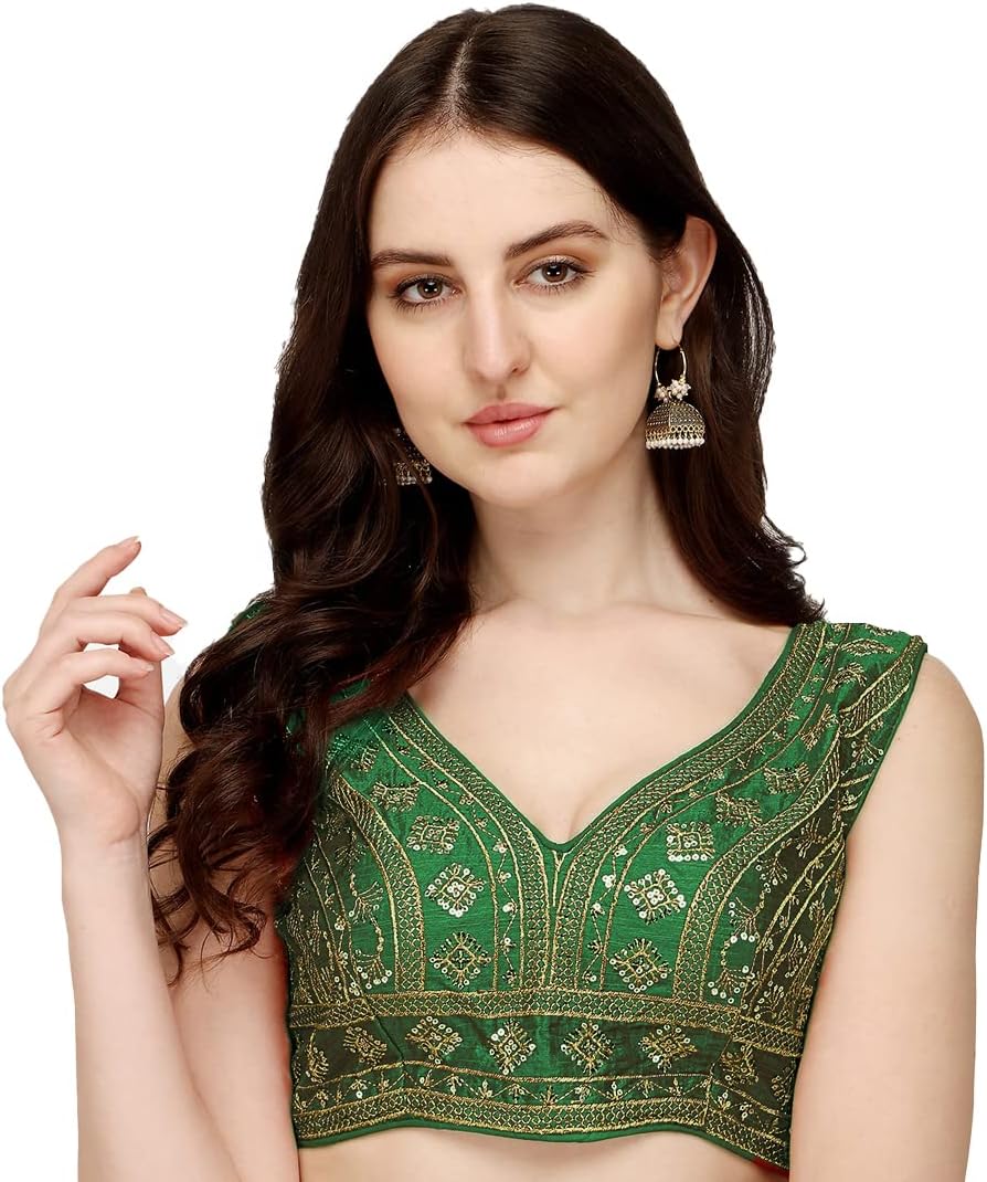 Pujia Mills Women's Silk Embroidery Sequins Zari Work Readymade Saree Blouse
