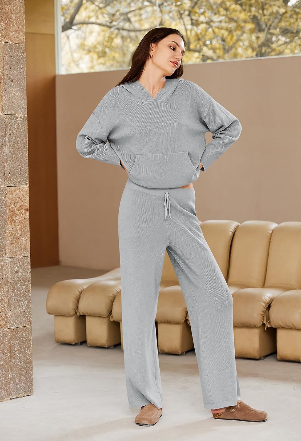 Viottiset Women's 2 Piece Outfits Sweater Set Long Sleeve Hoodies With Pocket Wide Leg Pants Lounge Sets Tracksuit - Image 4