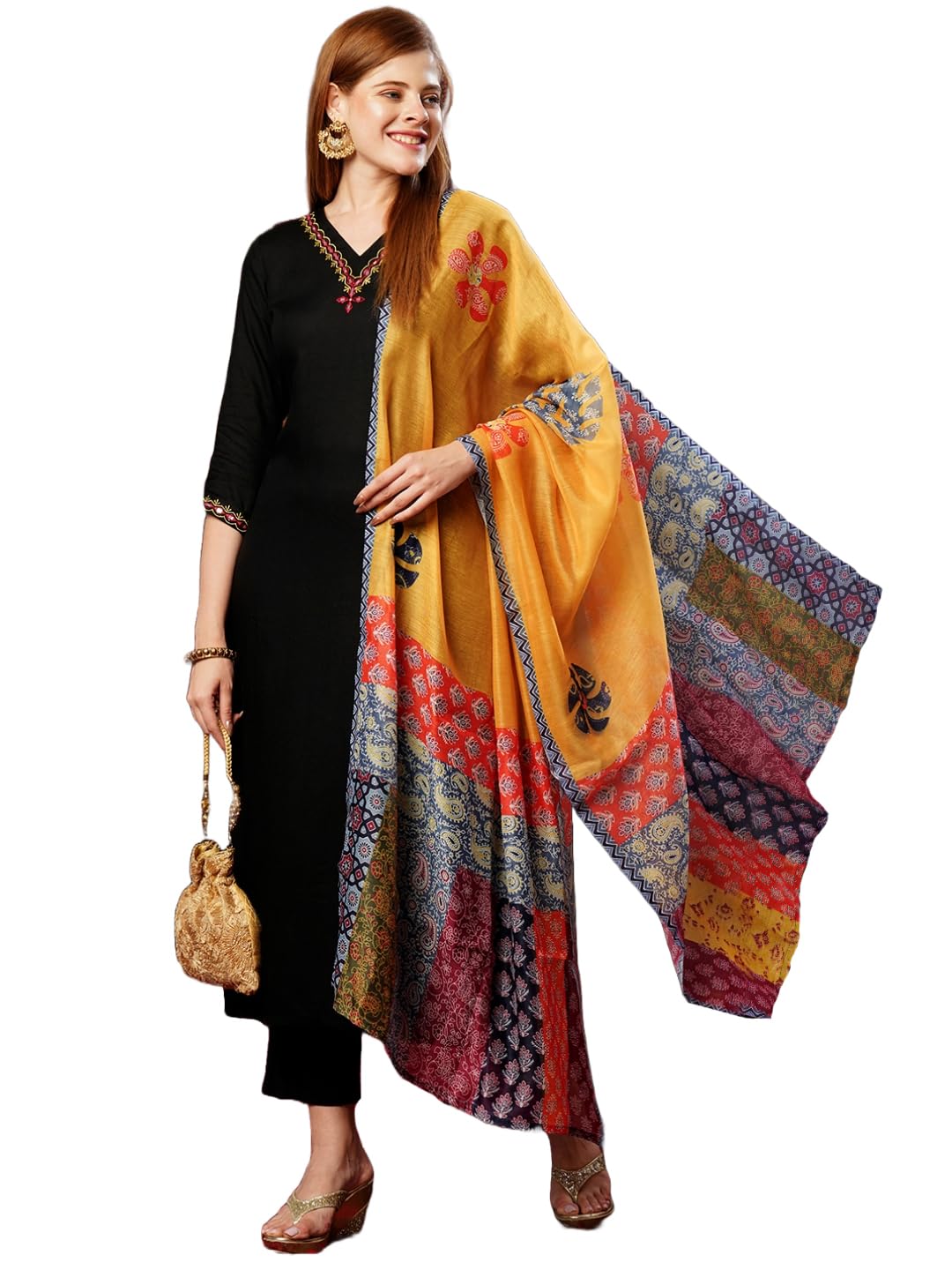 gosriki Women's Cotton Blend Embroidered Straight Kurta with Pant & Dupatta (Fronx Black-JL-GS_XXL_Black_XX-Large)-picture-25