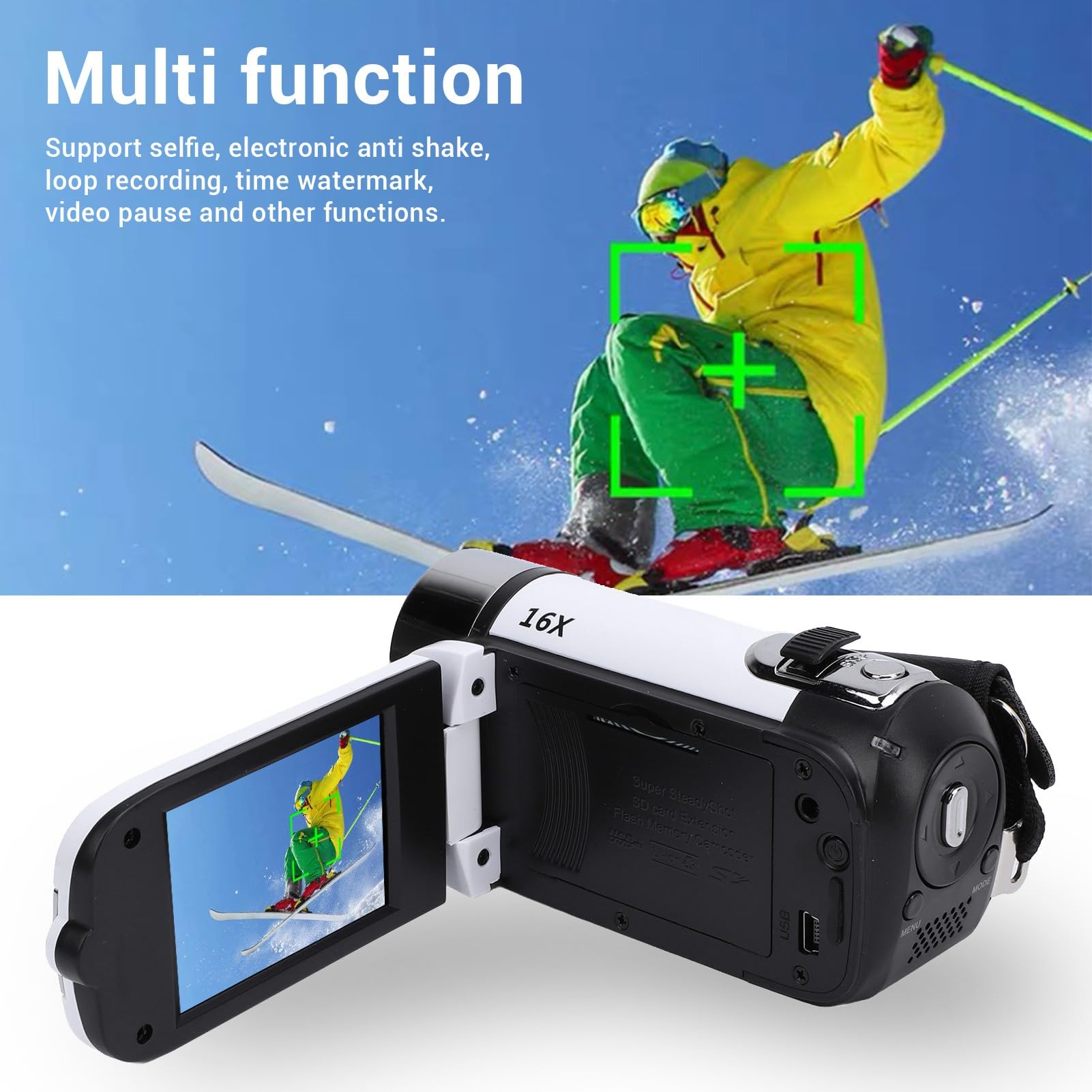 Asixxsix Videocamera con Zoom Digitale da 16 Pollici, Videocamera 1080P da 16 MP con Schermo da 2,4 Pollici con Luce di Riempimento, Uscita USB, Supporta Selfie e Microfono Esterno (WHITE)