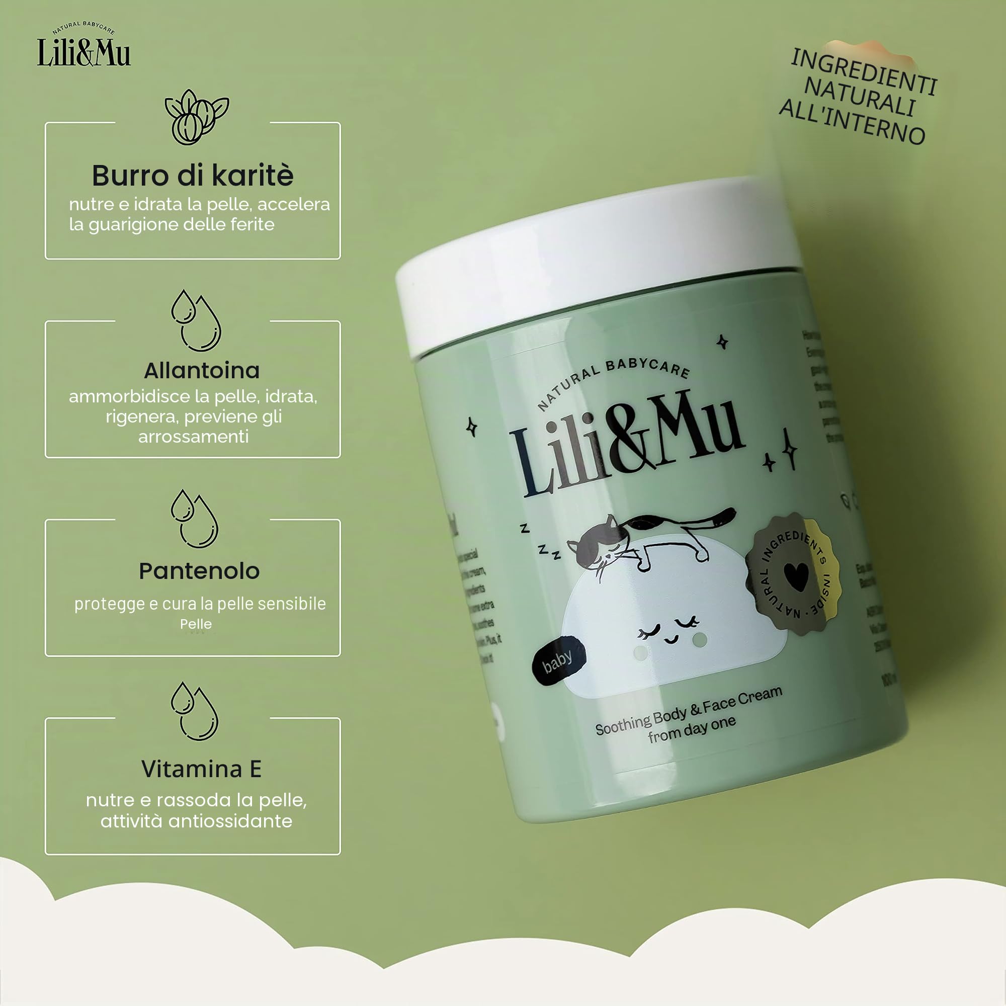 Lili&Mu - Crema idratante + Olio naturale per la cura + Crema allo zinco + Shampoo e gel doccia - Lozione cosmetica naturale per la cura dei bambini