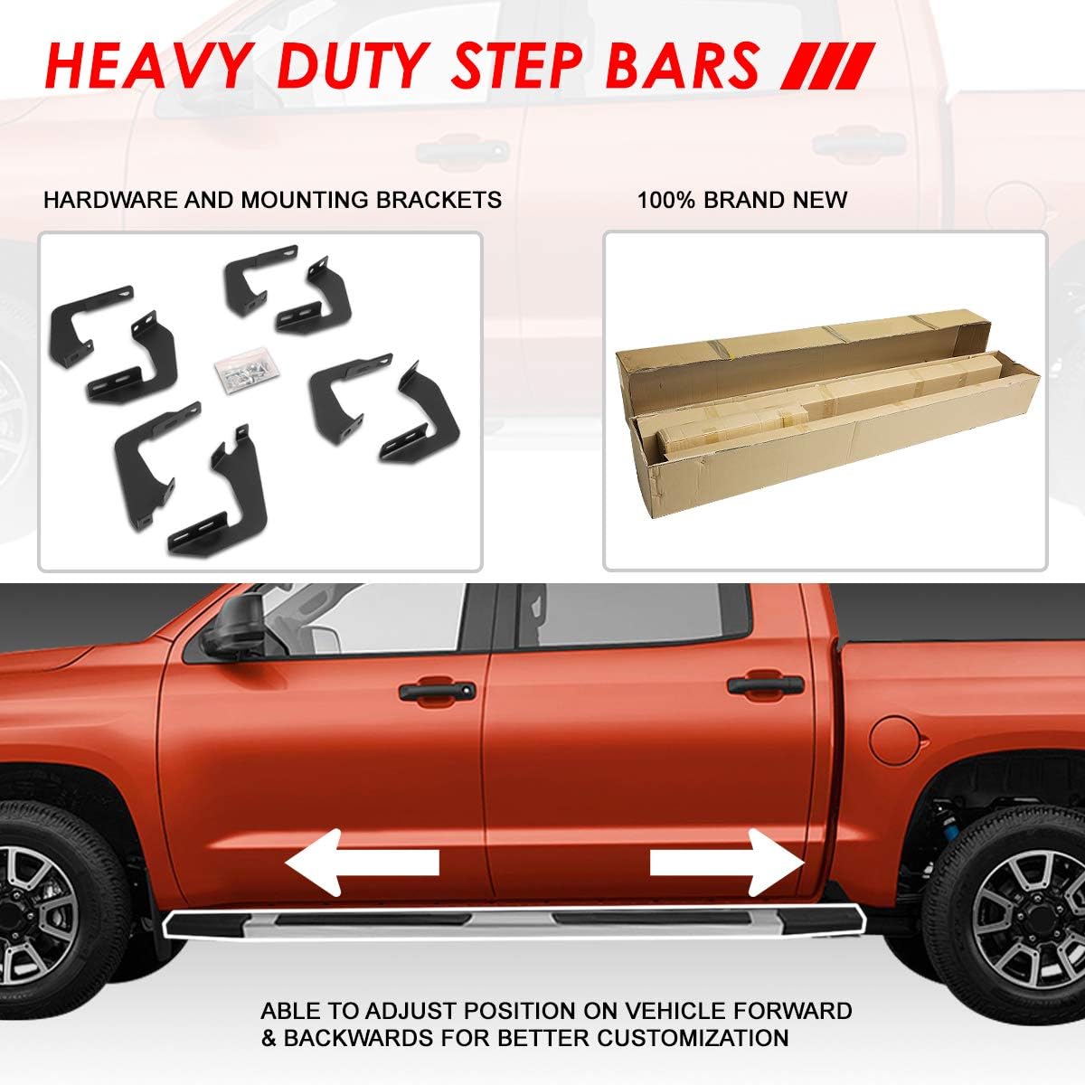 Auto Dynasty Flat Running Boards 6 Inches Step Bars Compatible with 2007-2021 Toyota Tundra Extended Crew (Crewmax) Cab, Stainless Steel Side Step Nerf Bar, Polished Chrome