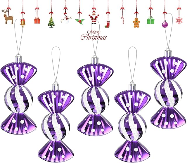 6Pcs Christmas Tree Baubles Candy Ornaments,Pack of 5-110mm Large Sweet Shaped Baubles Christmas Hanging Decorations, Shiny & Glitter Decorated, Christmas Tree Decorations(Purple)