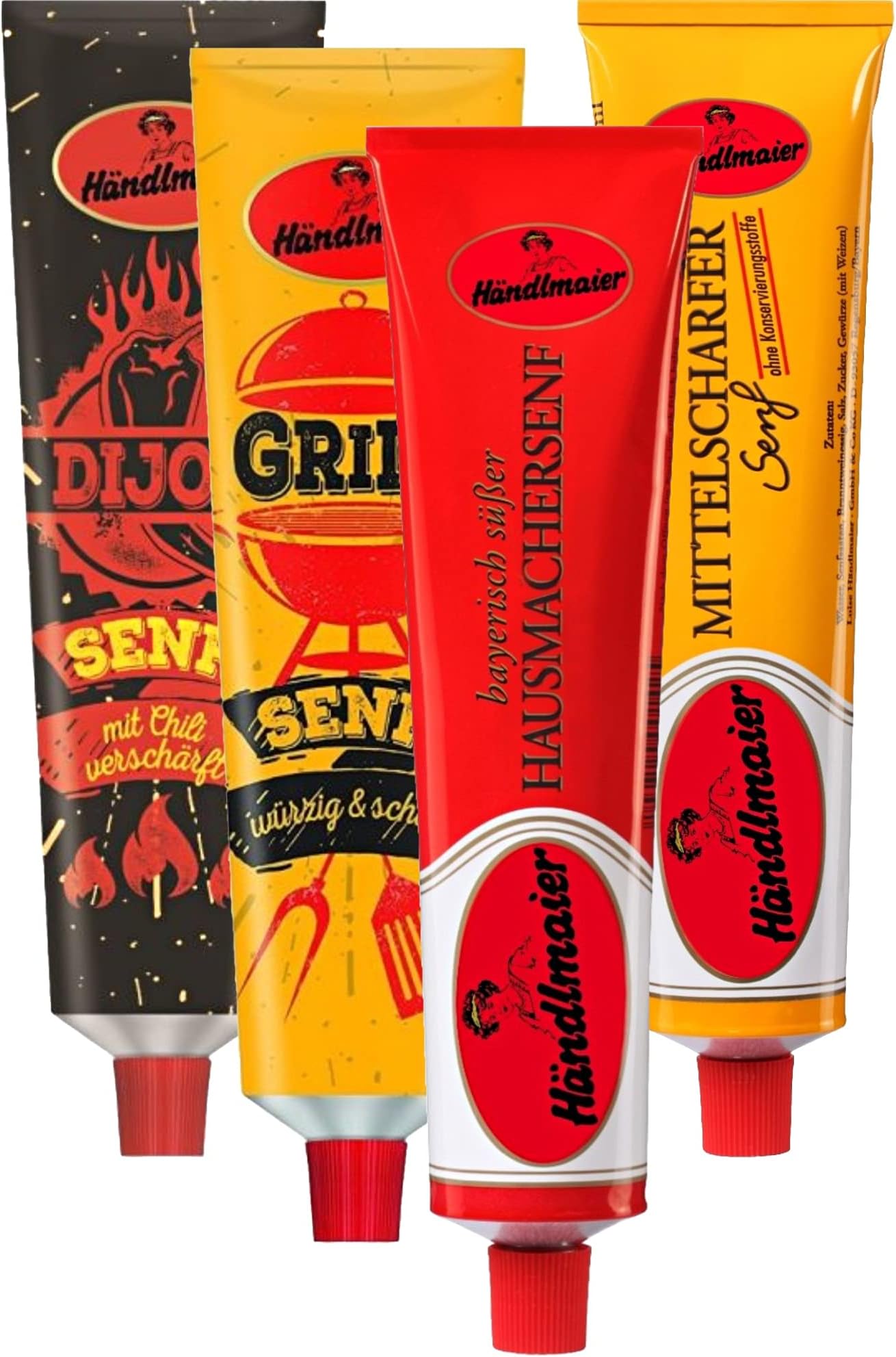 4 x 200 g German Mustard Variety - Hot Dijon - Grill - Bavarian Sweet home-made Mustard - German Medium Hot Mustard, Haendlmaier/Germany