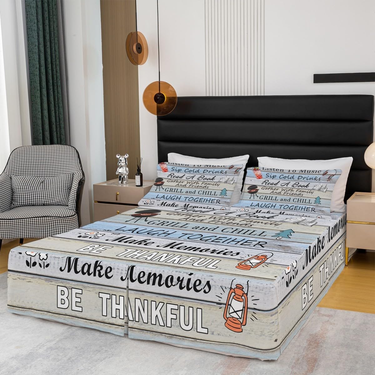 Rustic Farmhouse Wood Print Bedskirt King Size Kids Cartoon Camper Car Bedding Set 3Pcs for Girls Boys Adventure Bear Animals Bed Skirt Inspirational Quotes Split Corner Bed Wrap,2 Pillowcases