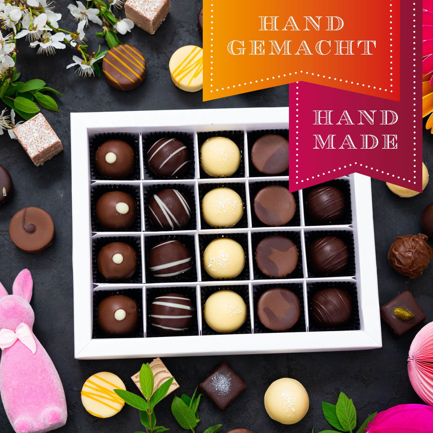 Hallingers Genuss Manufaktur Pralinen Oster-Geschenk - mit & ohne Alkohol, handmade aus Confiserie-Edelkakao in wertiger XL-Geschenkbox ""Frohe Ostern pink"", Ostern Körbchen für Frauen Mädchen