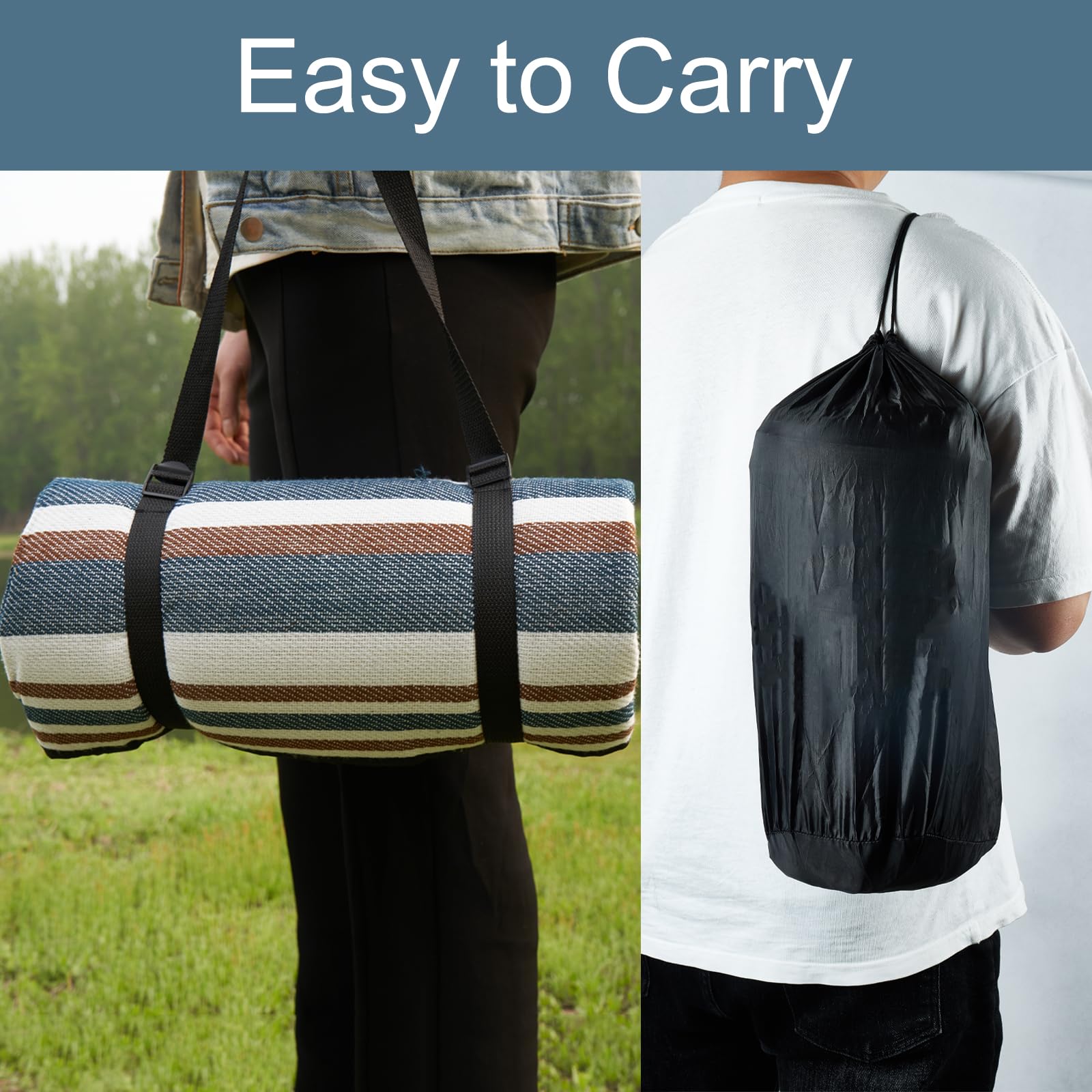 Grande couverture de pique-nique, 203,2 x 203,2 cm, tapis de plage pliable, résistant au sable, avec sangle et sac, couverture d'extérieur portable imperméable pour camping, stade, parc,