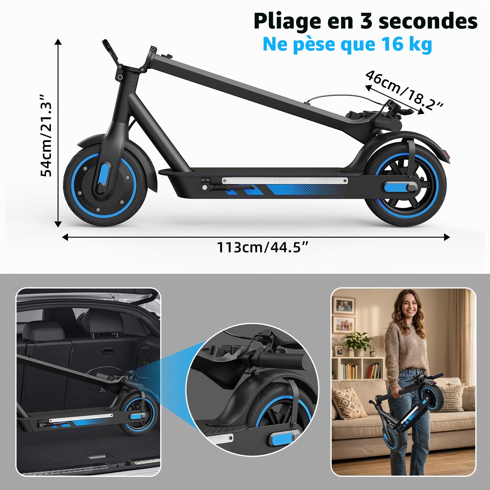 Trottinette Électrique Adulte, Pneus Pneumatiques de 10", Trottinette Electrique 500W, Vitesse Maximale 25km/h, Autonomie 35/45km, Batterie 10.5AH/15Ah, APP, Charge Max 120 KG