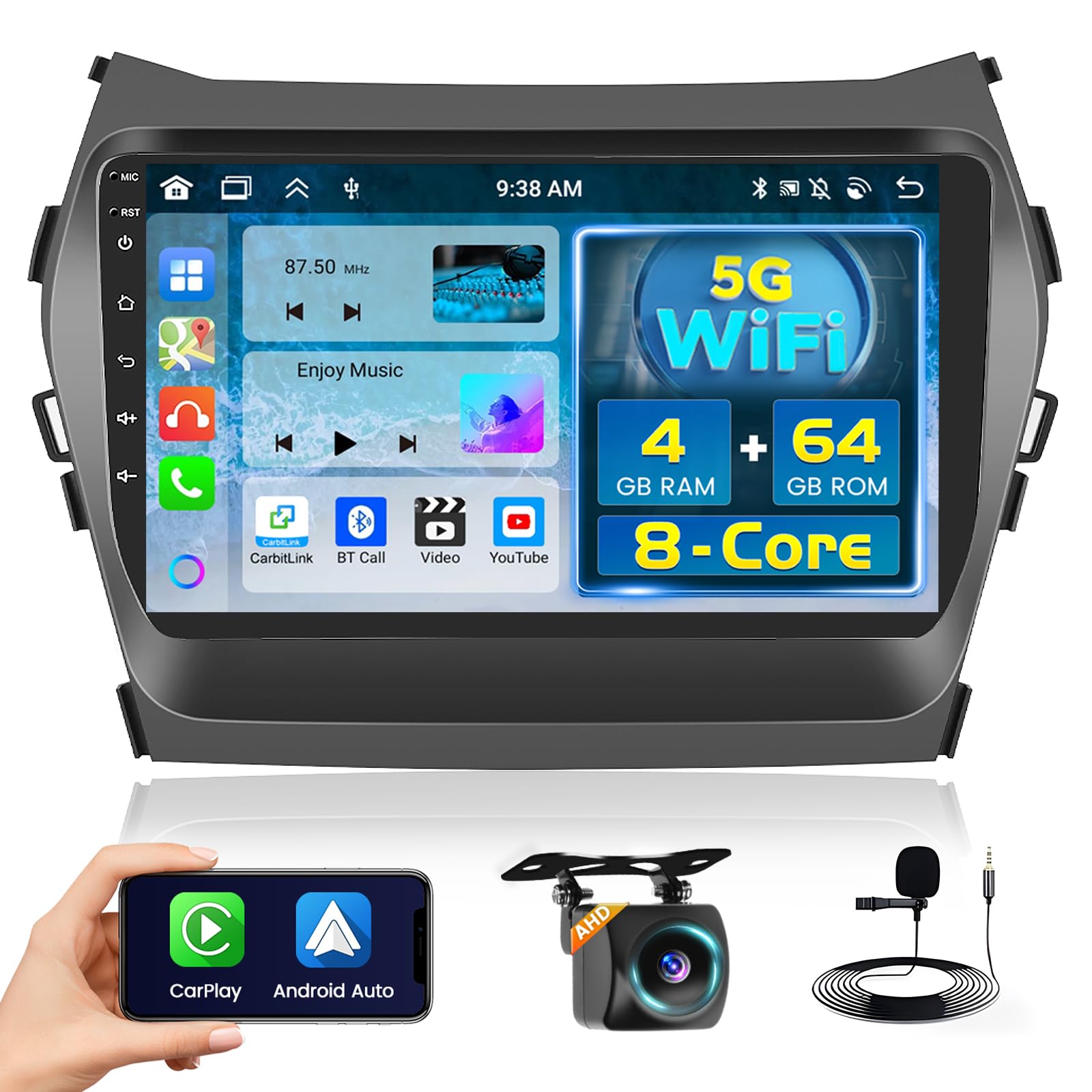 Fuluku【8 Core 4+64GB】 for 2013-2017 Hyundai Santa Fe Android 15 Car Stereo with Wireless Carplay Android Auto, 9'' Touch Screen Radio Dash Kit GPS/
