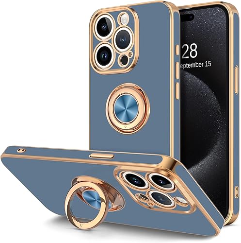 Hython Funda para iPhone 15 Pro Max con soporte de anillo, soporte de anillo giratorio de 360, soporte magnético, chapado en oro rosa, cubierta
