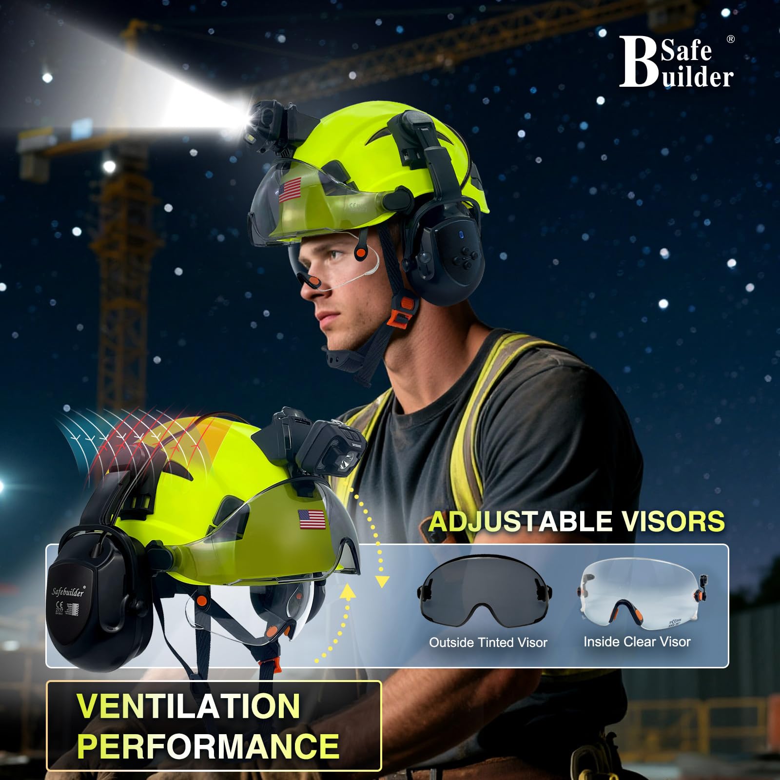 SAFEBUILDER Cascos duros con orejeras Bluetooth, casco de seguridad con visera ventilada ajustable para construcción forestal ANSI
