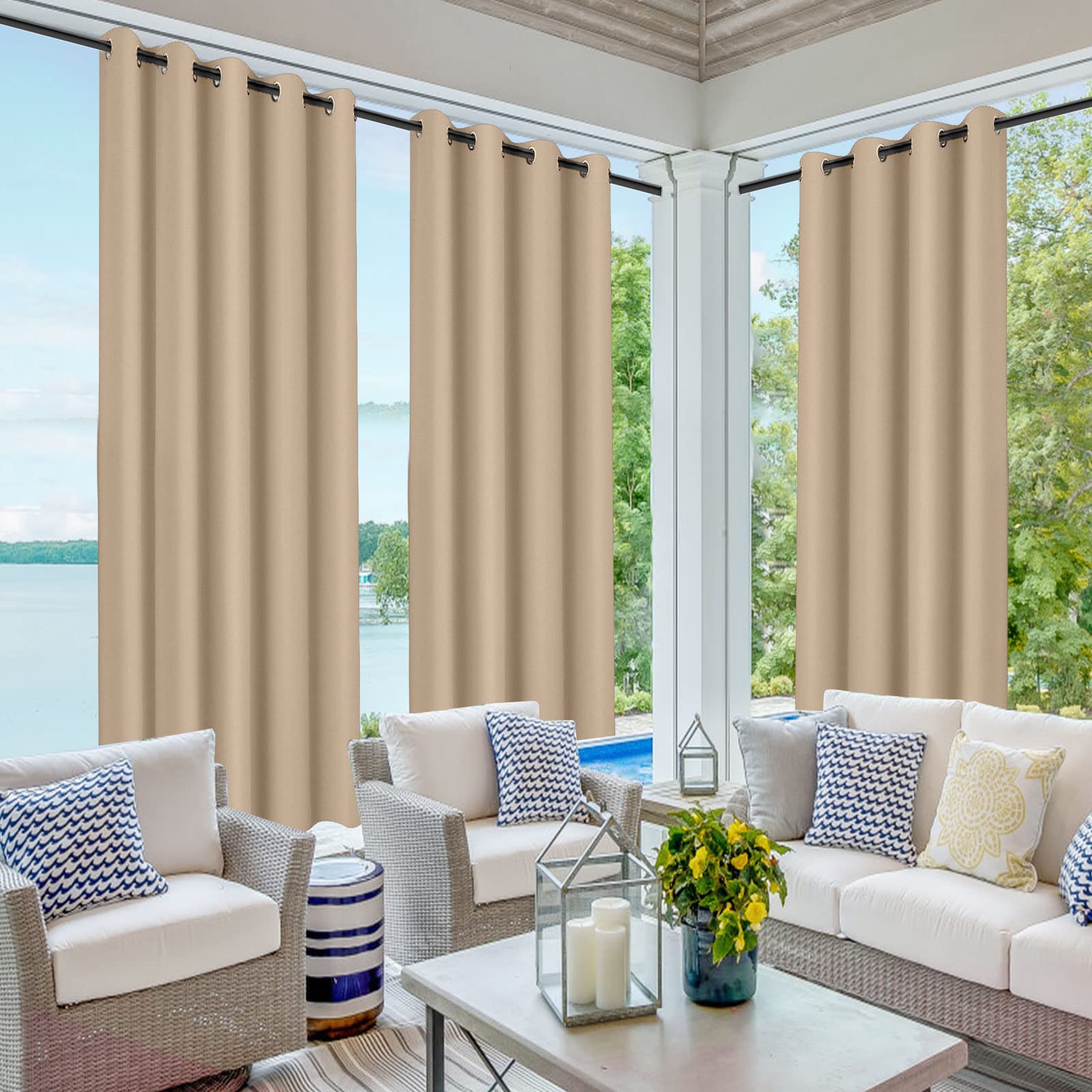 MINGPINHUIUS Cortinas de Exterior, Cortina Exterior con Ojales, Impermeables, Resistentes al Viento y a los Rayos UV, Opaco, para balcón, terraza, Porche, pérgola (champán, 2 Piezas / 132 x 213 cm)