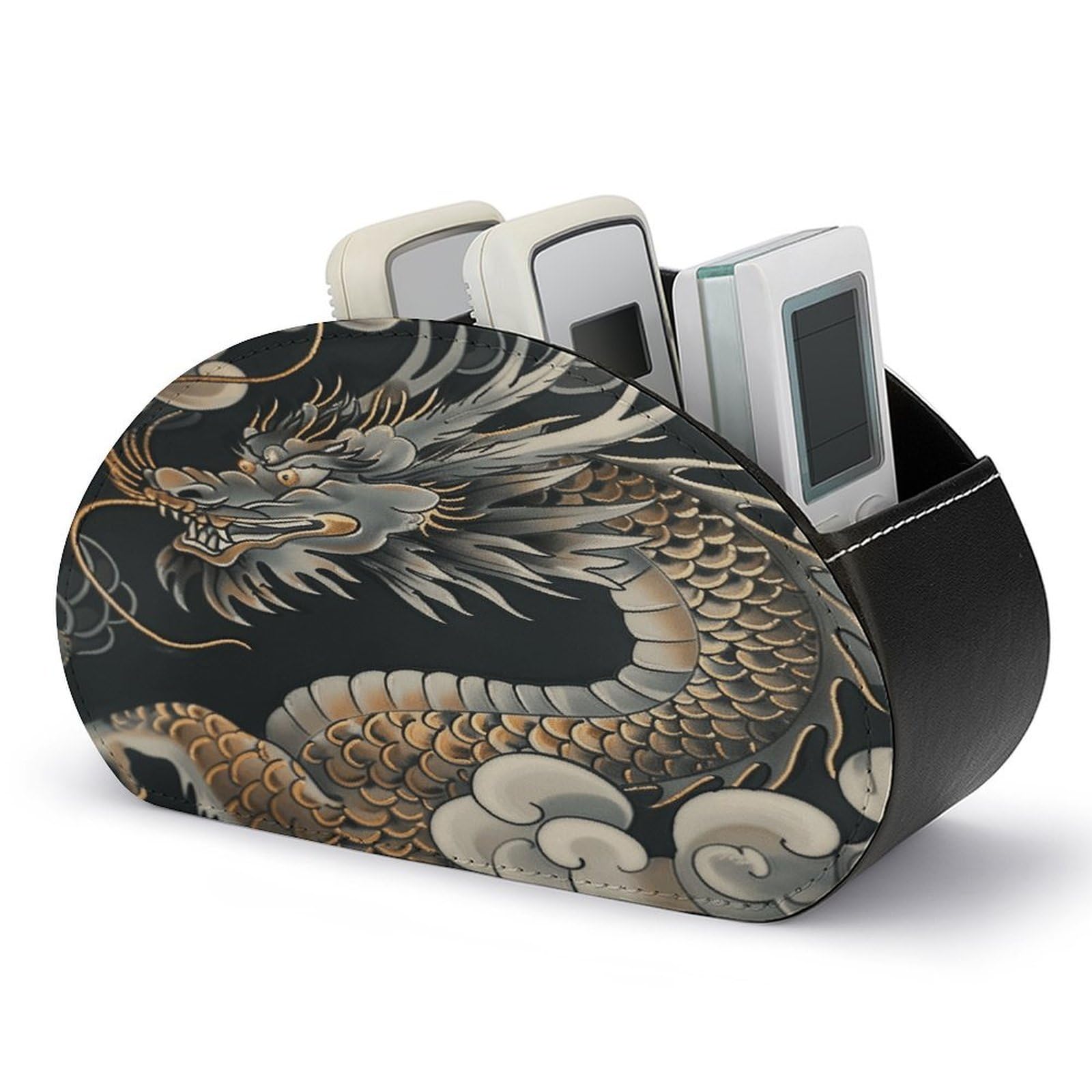 VstaDank Black Oriental Dragon Remote Control Holder with 5 Compartments PU Leather TV Remoter Caddy Desktop Organizer TV Remote Holder Remote Box for Media Controllers Office Supplies