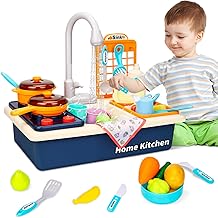IGUGI Lavello giocattolo con acqua di rubinetto,Lavello per Bambini,Cucina Giocattolo per Bambini,Giocattoli di Ruolo per Finta con Rubinetto & Playset di Piatti,Mini Lavastoviglie Giochi(Blu)