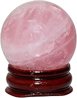 Vista 10 de mookaitedecor Bola de cristal de cuarzo rosa natural con soporte de madera, escultura de esfera de cristales curativos para decoración del hogar