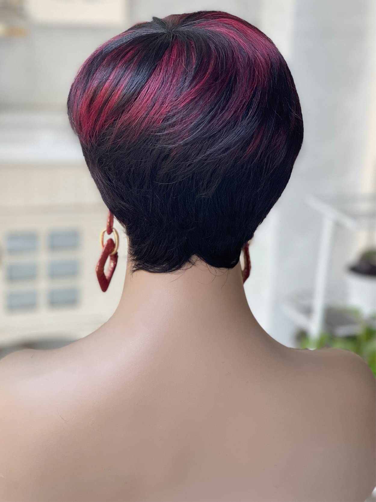 ✨NWT Non-Lace-Wig Full Short Wavy Pixie Cut Bang, Burgundy 99J/Natural Black ShowReal 036 Short Pixie Cut Wigs Short Straight Brazilian  main image 4