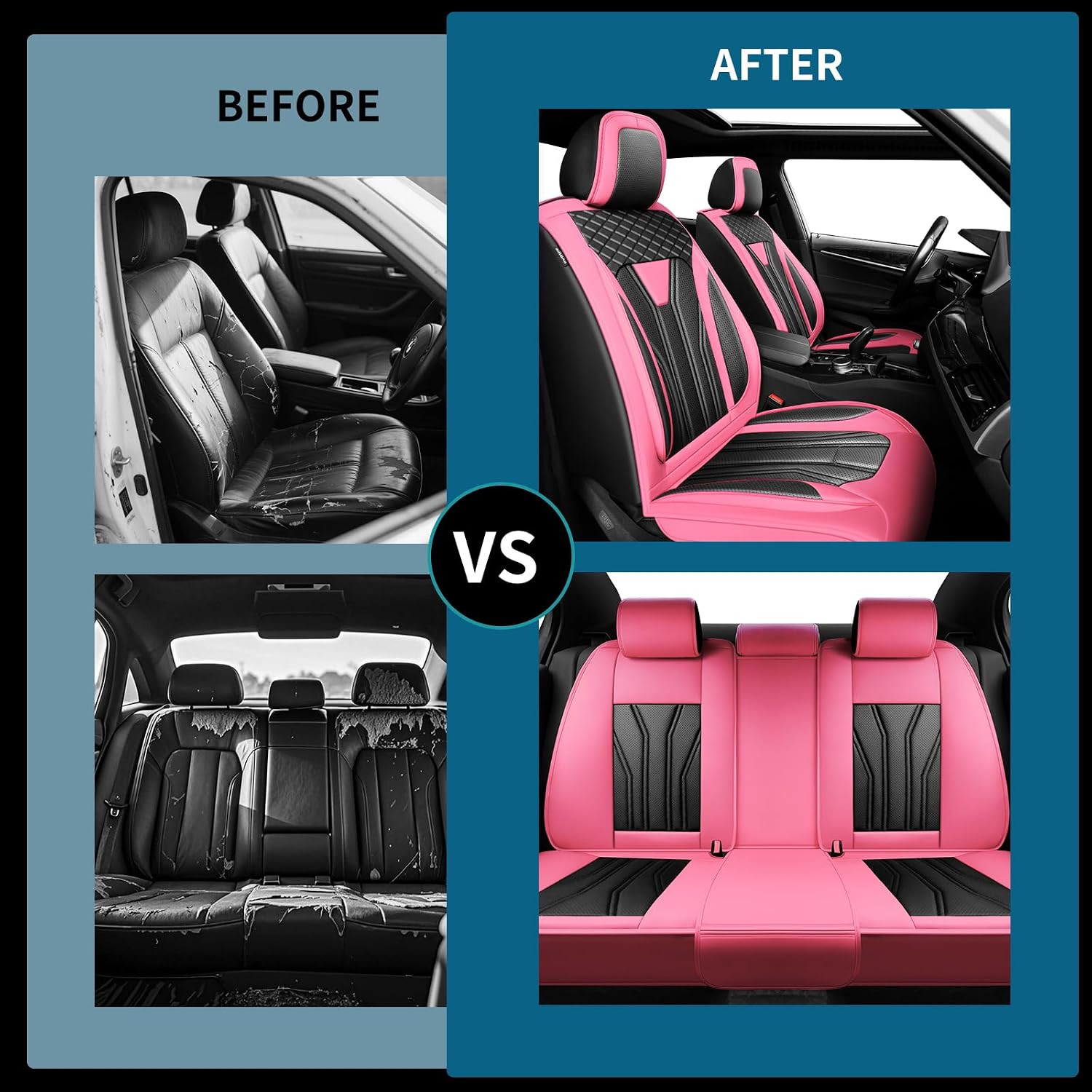 Fit ATS Car Seat Covers Compatible with Cadillac ATS 2013-2018 2019 - Full Set Premium Leather， Waterproof Breathable， All-Weather Seat Cushion Protecto&Airbag Compatible （Pink&Black