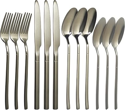 12-Piece Matte Silverware Set, Tableware Service for 3 - Heavyweight Stainless Steel Knife Fork Spoon & Dessert Spoon, Elegant Cutlery Set for Family Dinner Silvery