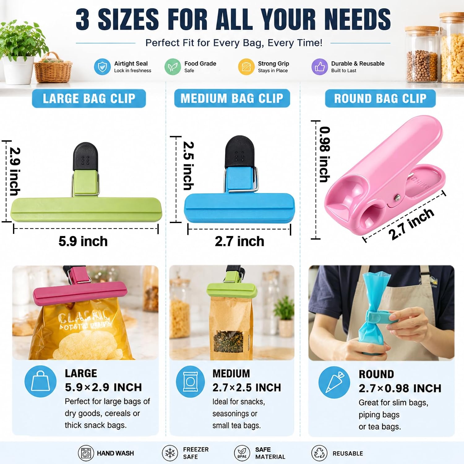 FANTEXY 9 Pack Bag Clips for Food, 3 Large, 3 Small, 3 Round Head Clips | 6 Color Bags Clips for Food Storage, For Bread, Potato Chip, Snack, Kitchen Clip, Piping Bag