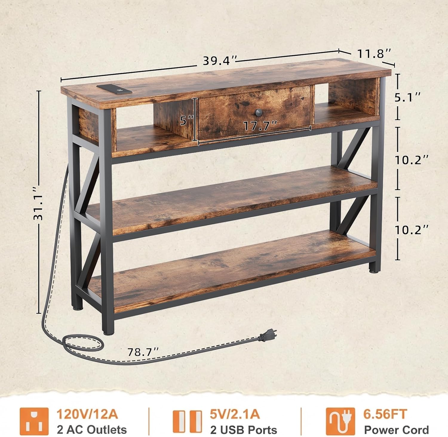 Mexin Console Table with Outlets and USB Ports, Entryway Table with Drawer Storage Shelves, Industrial Wood Hallway Sofa Table for Living Room, Couch, Foyer, Kitchen Counter, 39 Inch, Vintage Brown
