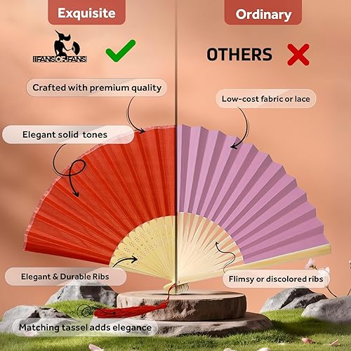 Miniatura 33 de FANSOF.FANS Abanico de mano plegable de mano de tela con borla de grado A, varillas de bambú para mujeres y niñas, fiesta de verano, eventos, Azul
