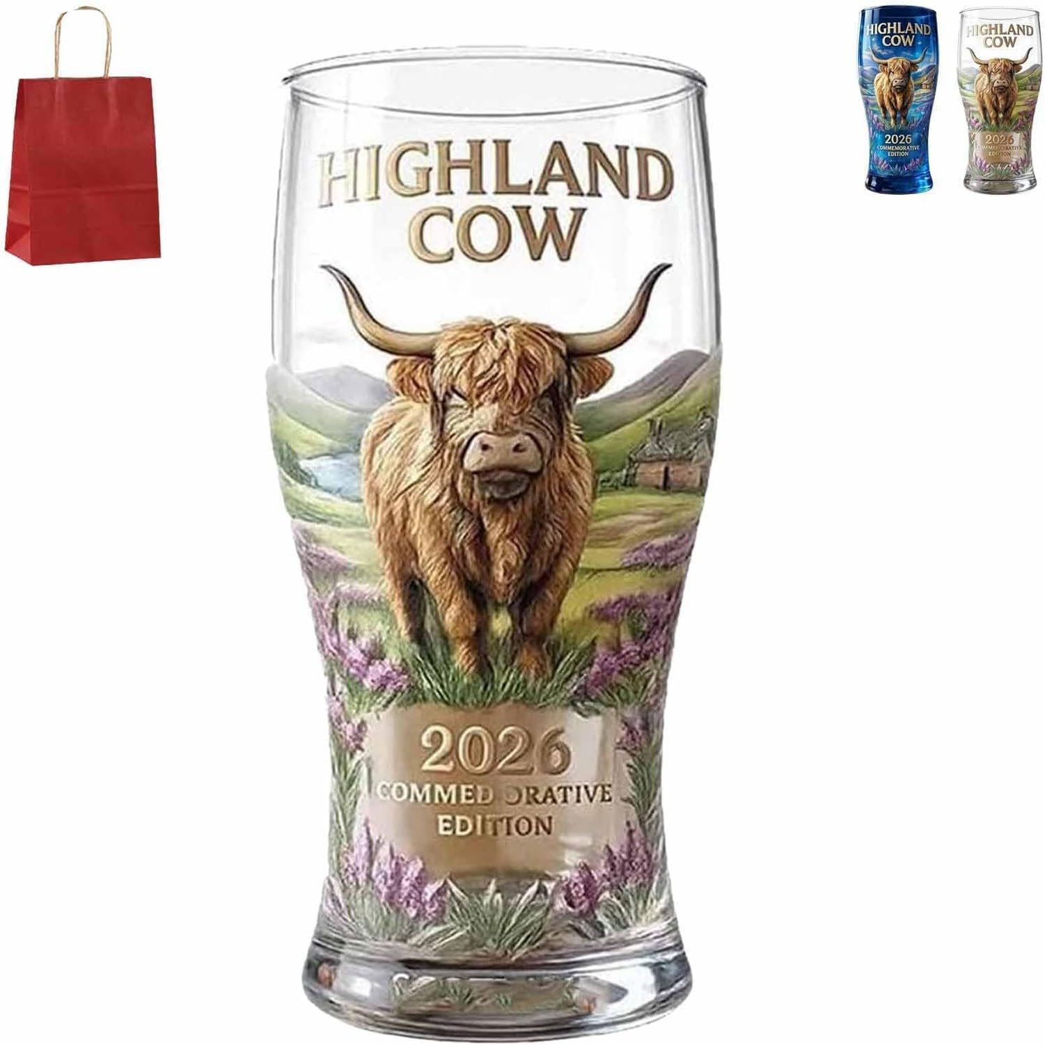 KGAIXN Highland Cow 2026 Commemorative Glass Tumbler, Embossed Highland Landscape Beer Glass, Scottish Longhair Cow Pint Coffee or Cocktail Cup for Home Bar Pub Use 39, 1pcs-transparent