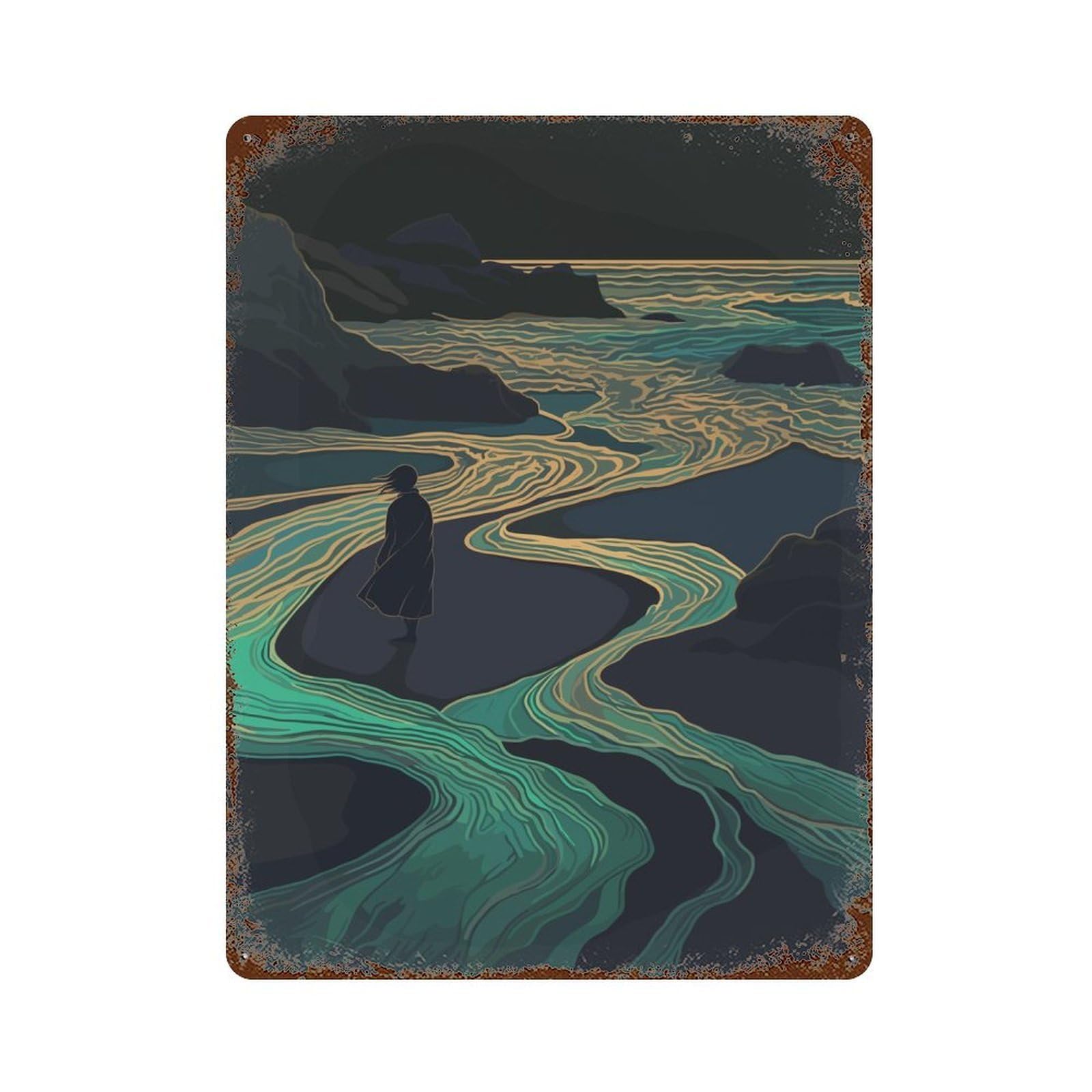 Silhouette by The Sea Decorative Tin Sign 15.7"x11.8", for Bistro, Counter And Cafe Decor, Novelty Wall Decor