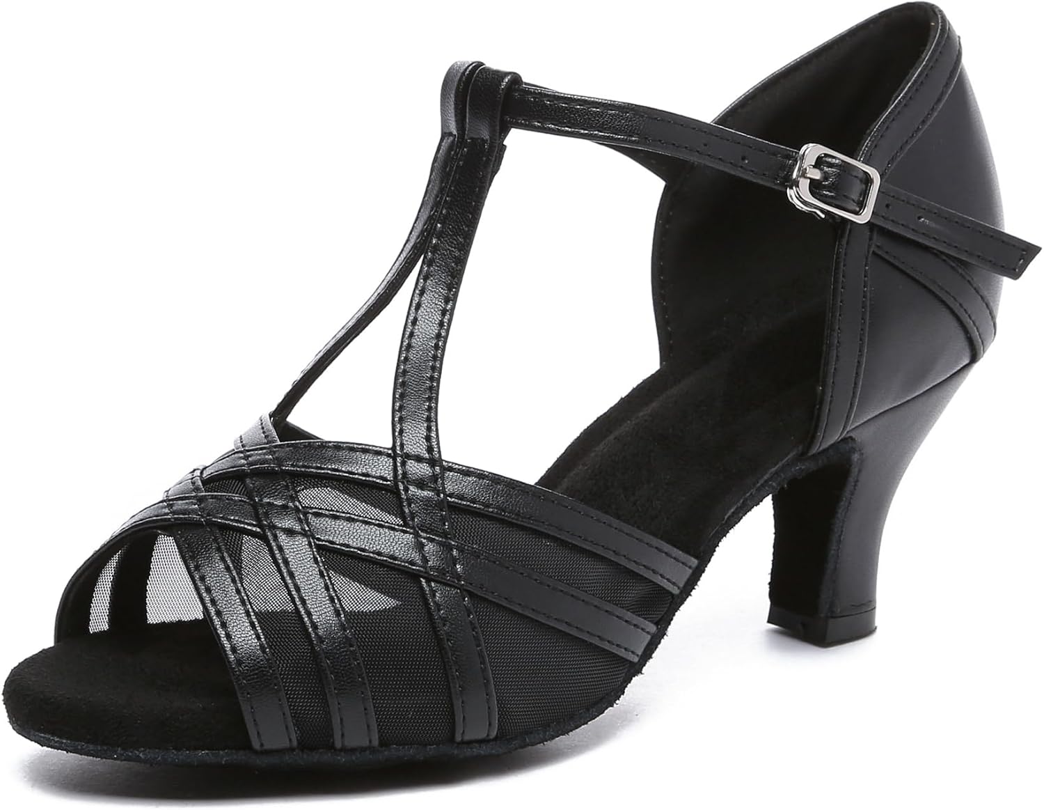 Minishion Leather Dancing Heels for Women Tstrap Low Heel