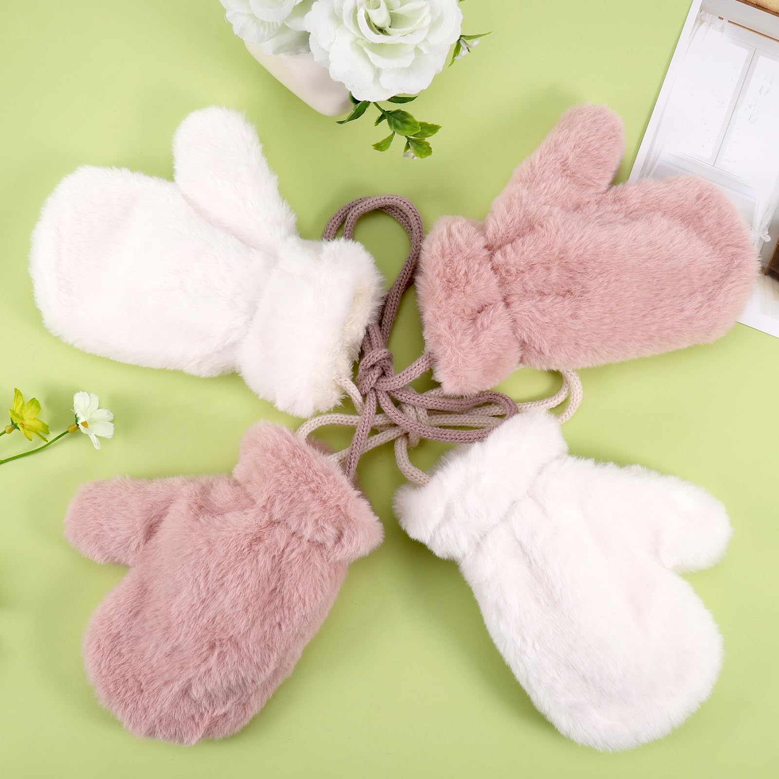 Manoplas Cálidas para Niños, 2 Pares Guantes Invierno con Forro Polar, Manopla de Nieve de Invierno con Cuerda Cuello, Mitones Cálidos de Invierno para Niños 3-7 años, 18 * 9cm