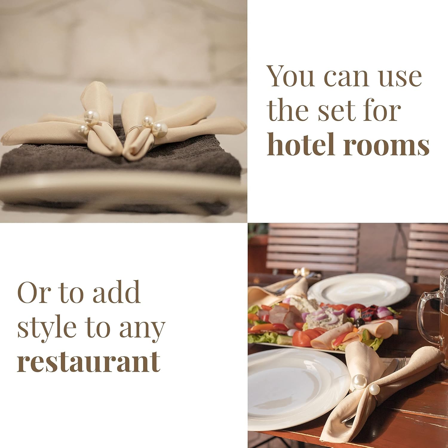 Napkin Rings and Table Polyester Napkins - 6 Pcs Pearl Round Ring Holders and 6 Pcs Beige Linens Ready to Use for Casual or Formal Decor Dinner - Elegant Brass Rings Holder Set - Ideal Table Case Gift : Home & Kitchen