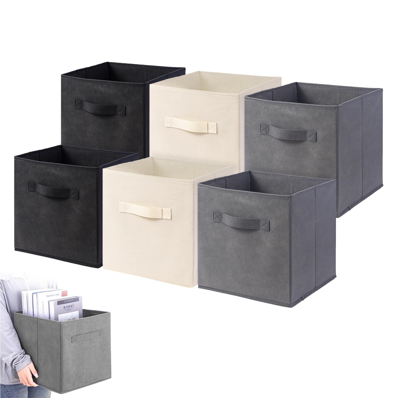 LLHONG 6 Pack Collapsible Cube Storage Boxes，28x28x28cm，Foldable Storage Cubes for Organizing，Cube Organizer Boxes with Handles for Shelves，Closet，Playroom，Home (Tricolor)