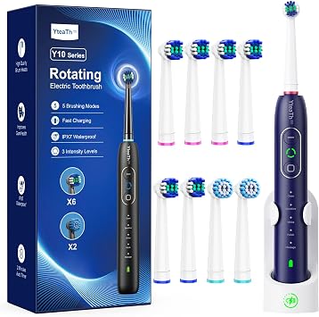Rotating Electric Toothbrush with 8 Brush Heads for Adults and Kids, 3 Intensities 5 Modes, Wireless Wall Charging Station, Sonic Toothbrush with 2-Minute Smart Timer Blue