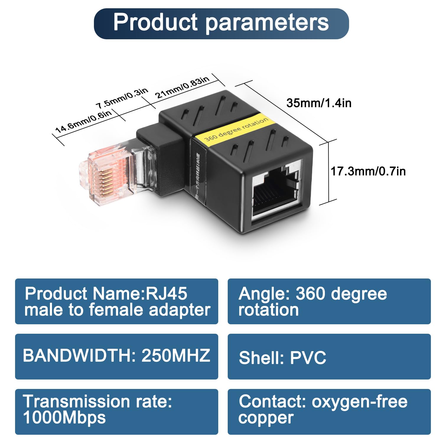 Adattatore Ethernet Gigabit a 360 gradi, angolo di 90 gradi, prolunga LAN Cat5 Cat6, 1000 Mbps RJ45 8P8C maschio a femmina, connettore per computer, laptop, router (1)