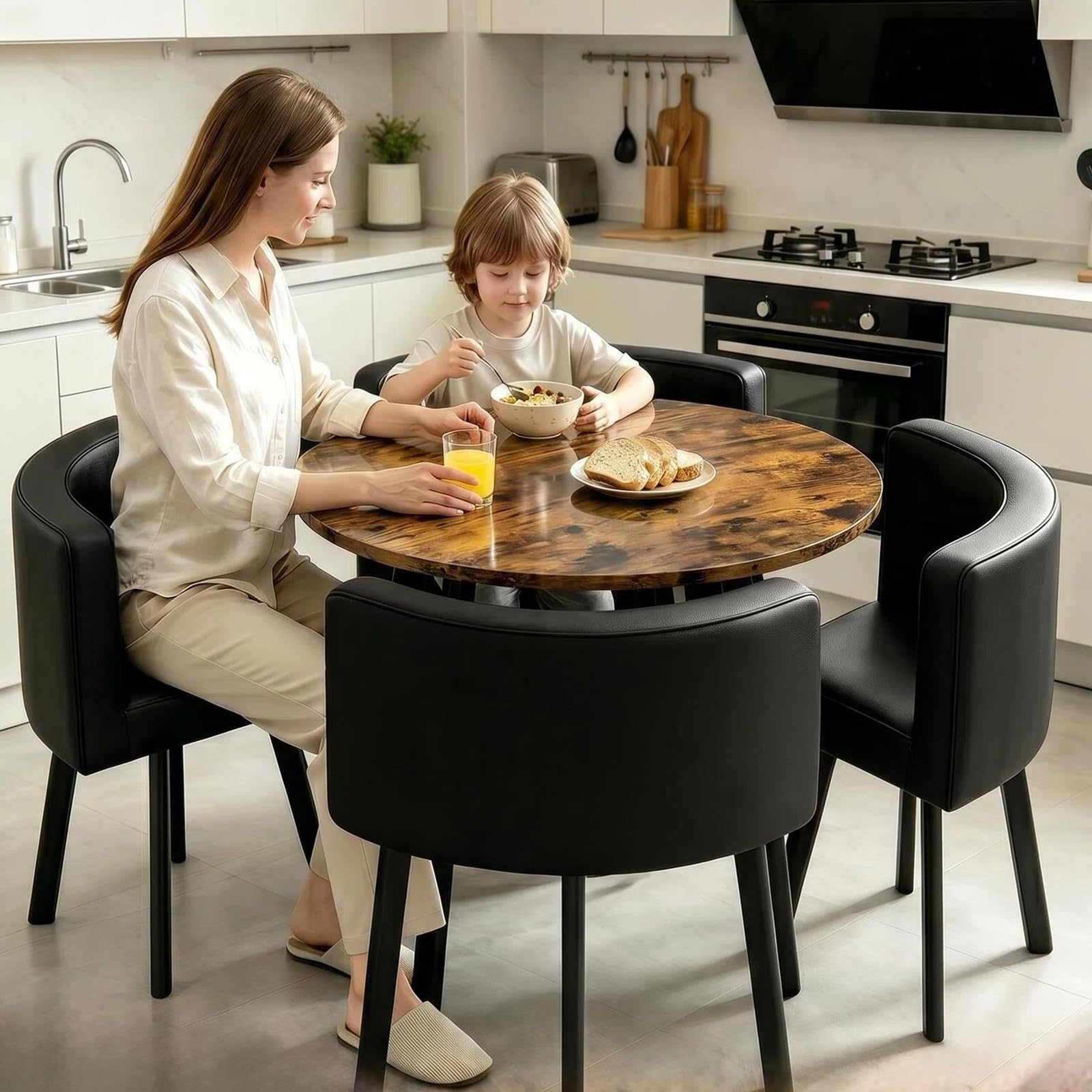 Runder Esstisch mit 4 Stühlen - Essgruppe 5-Teilig Komplettset - Küchentisch Sitzgruppe für für Küche/Esszimmer - Wohnzimmer und Büro 4-6 Sitzplätze (Walnut)