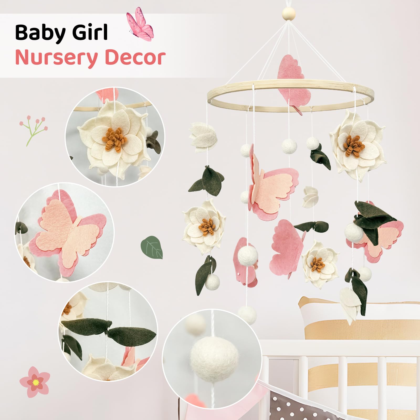 Móvil de bebé para cuna, flores y mariposas, móvil de cuna para niñas y niños, hecho a mano, decoración floral para habitación de bebé, decoración bohemia para habitación de bebé, regalo