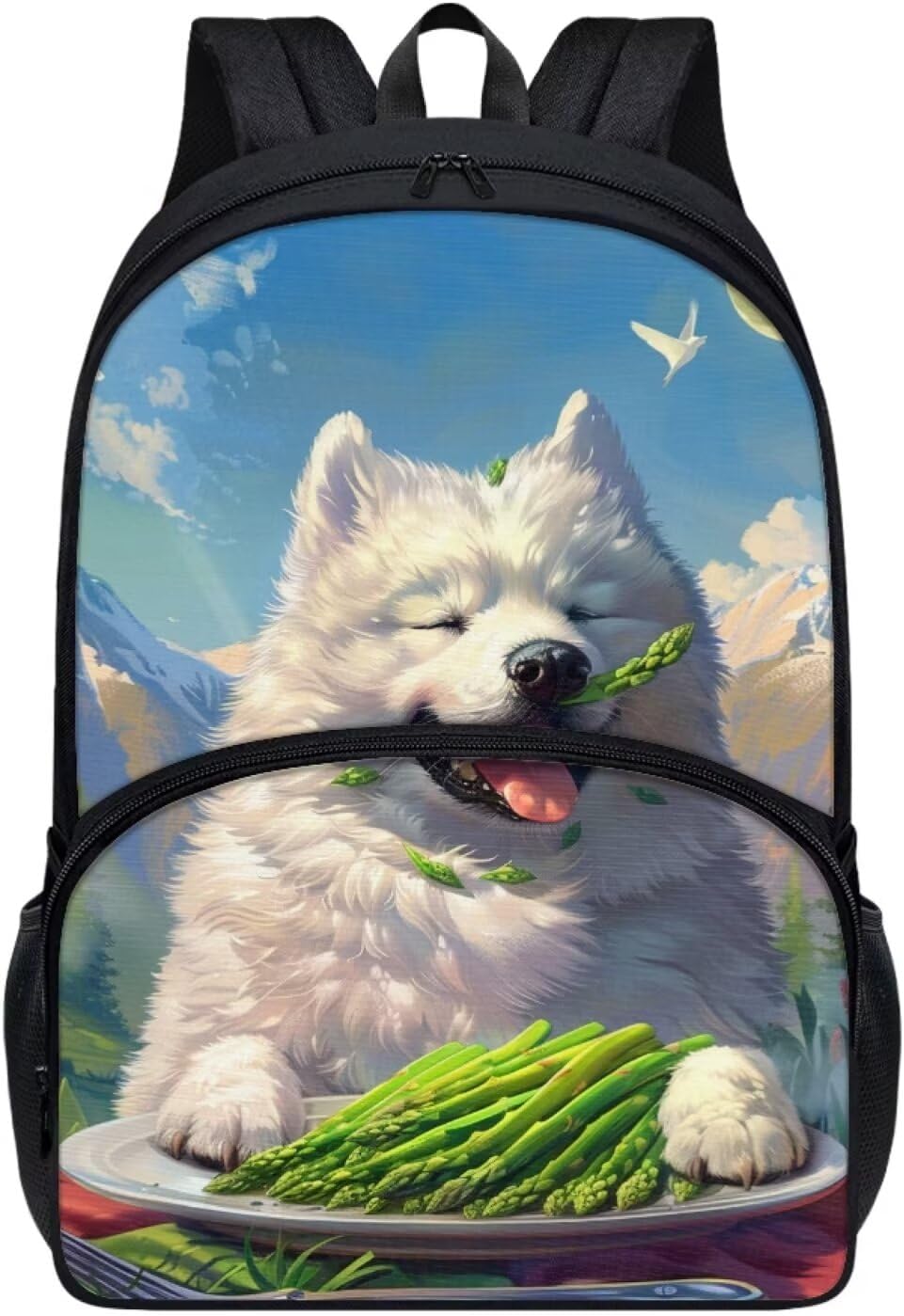 Kids 17 Inch Vibrant Cute Samoyed Dog Backpack Boys Girls Comfy Padded Straps Funny Print Book Bag with Front Pocket Lightweight Blue Backpacks for Girls Boys School Bag