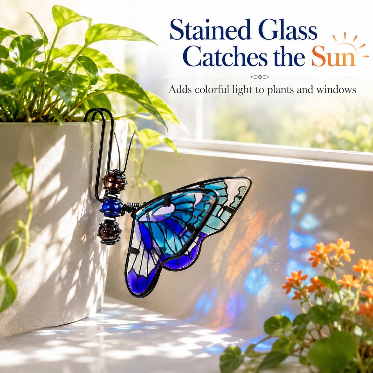 3 Pcs Stained Glass Butterfly Plant Decorations, Flower Pot Hanger Ornaments for Outdoor Garden, Indoor Planter Hugger Figurines Accessories