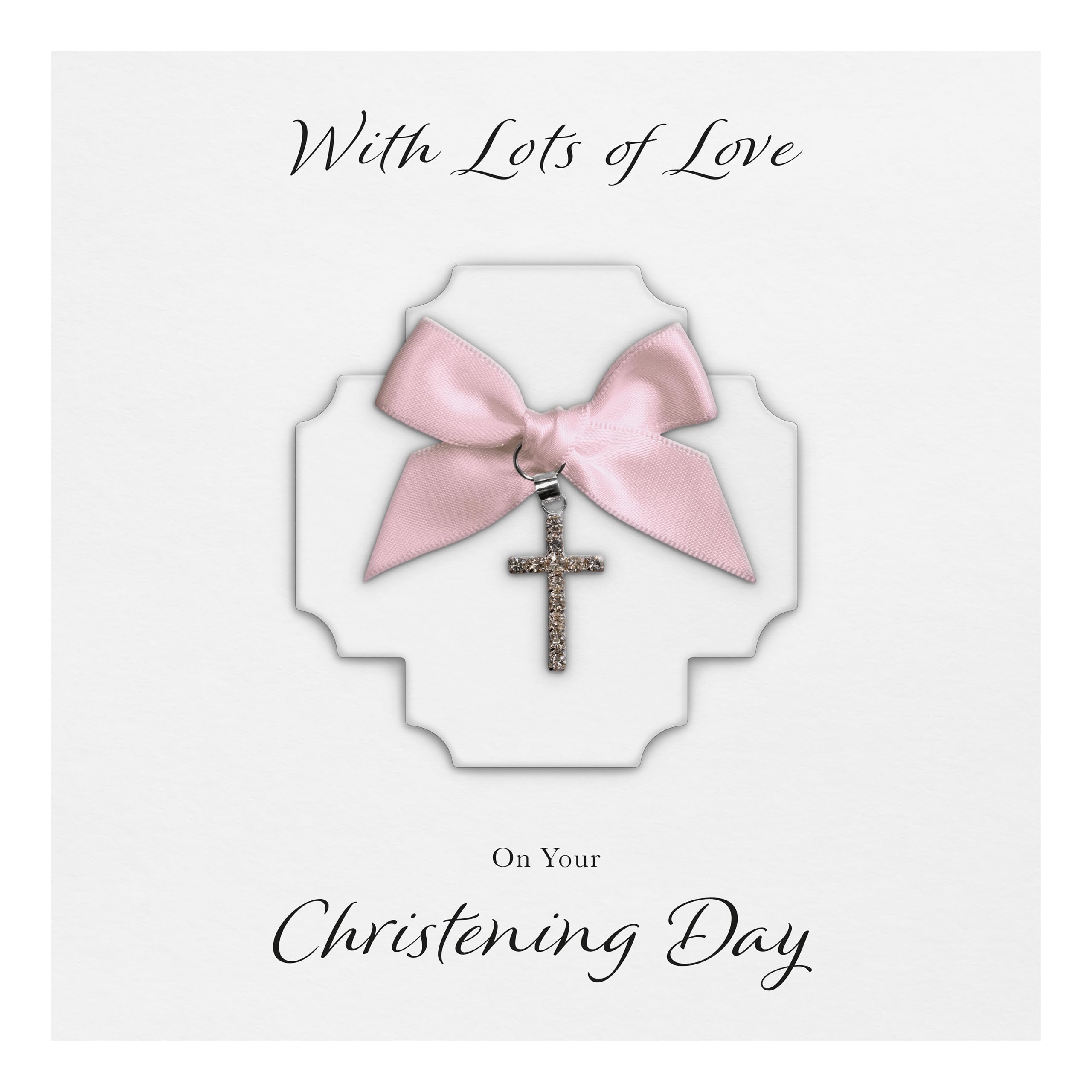 Christening Card "Diamanté Cross Charm & Bow" - Handmade UK (White Cross/Pink Bow)