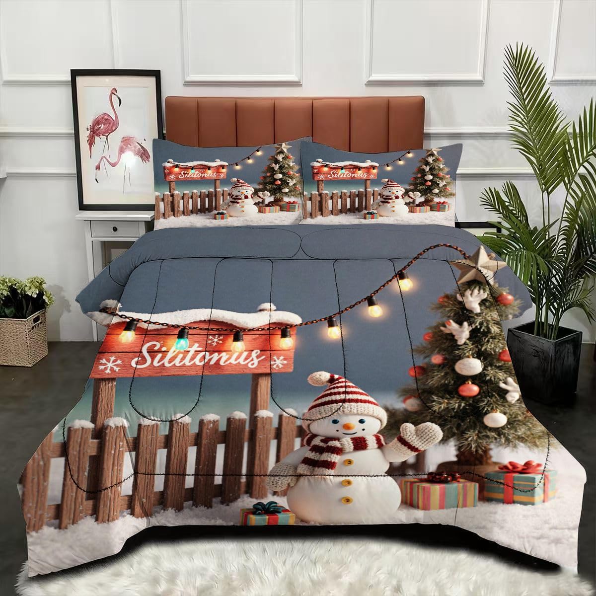 Couette 240 x 260 cm Noël parure de lit microfibre avec taies d'oreiller lavable en machine