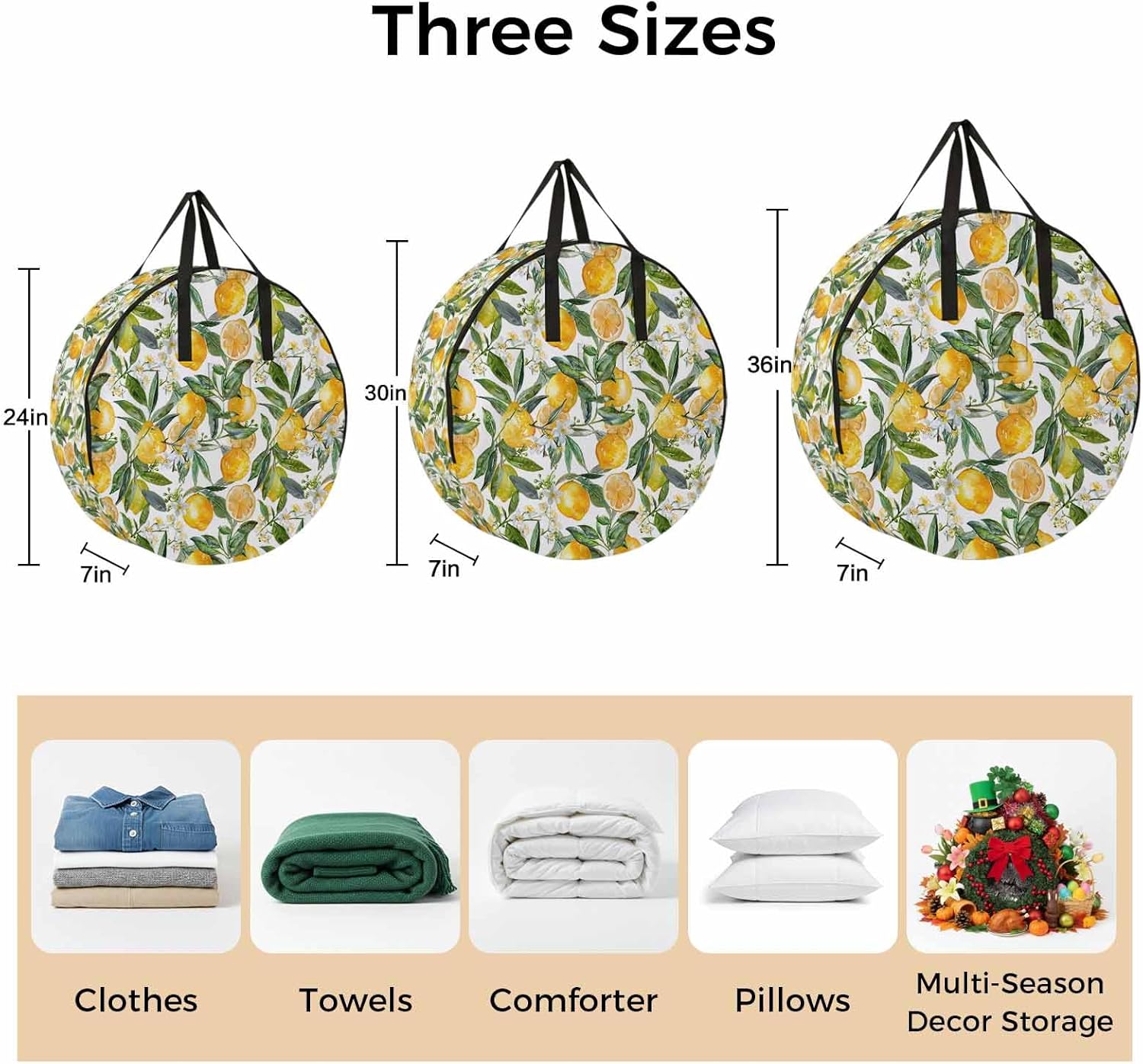 Lemon Round Storage Bag 36 Inch, Spring Summer Leaf Fruit Clothes Storage Container with Handles Heavy Duty Organizer for Comforter, Bedding & Holiday Wreaths