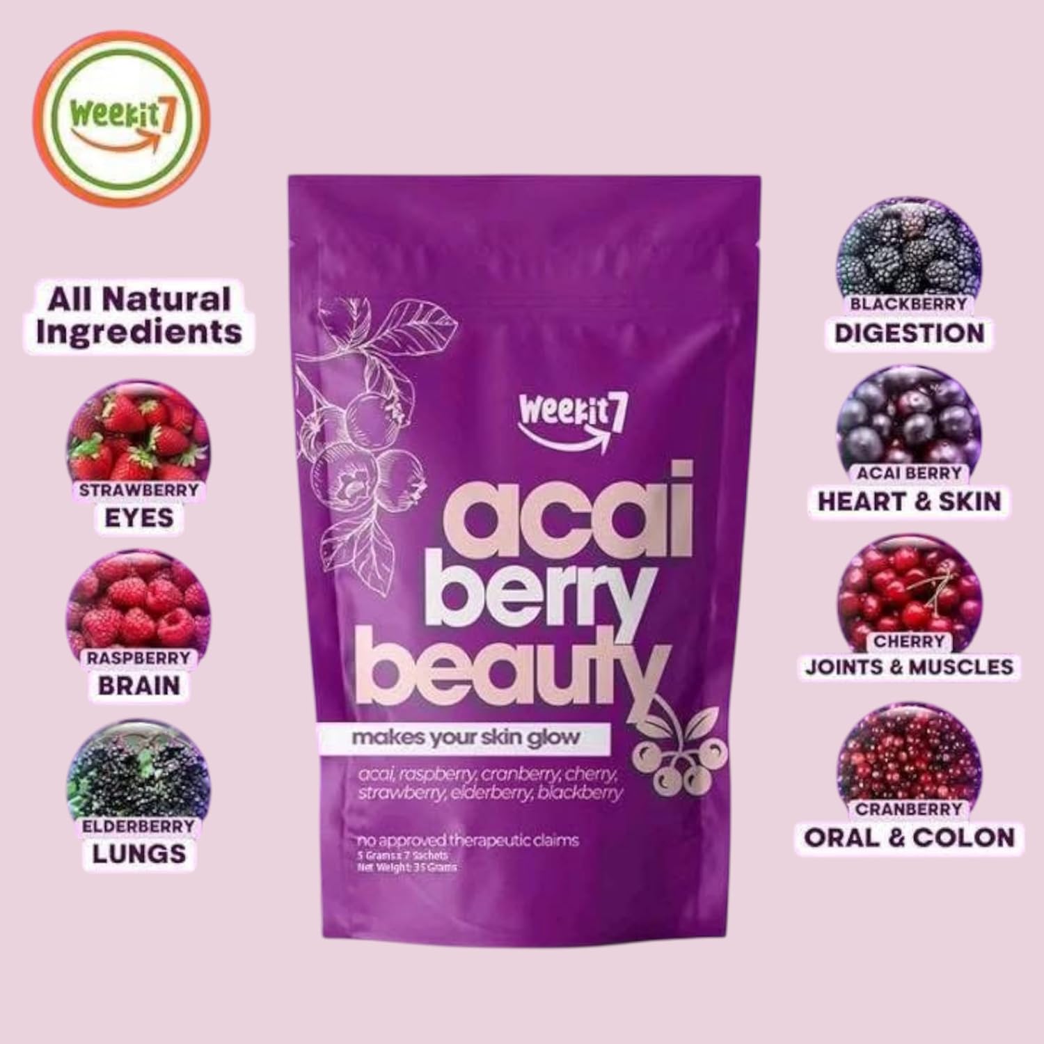 2 Packs Weekit 7 Acai Beauty Drink Mix – 7 Berry Blend with Raspberry, Cranberry, Strawberry, Elderberry & Cherry | Refreshing Daily Drink Supplement | 5g x 7 Sachets (35g)