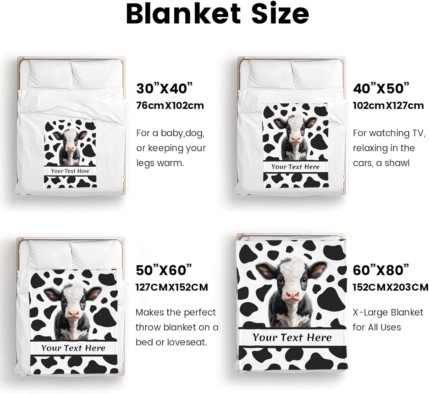Personalized Cow Print Blanket with Name, Customizable Throw Blanket for Kids Boys, Fuzzy Soft Blanket Microfiber, 50" x 60"