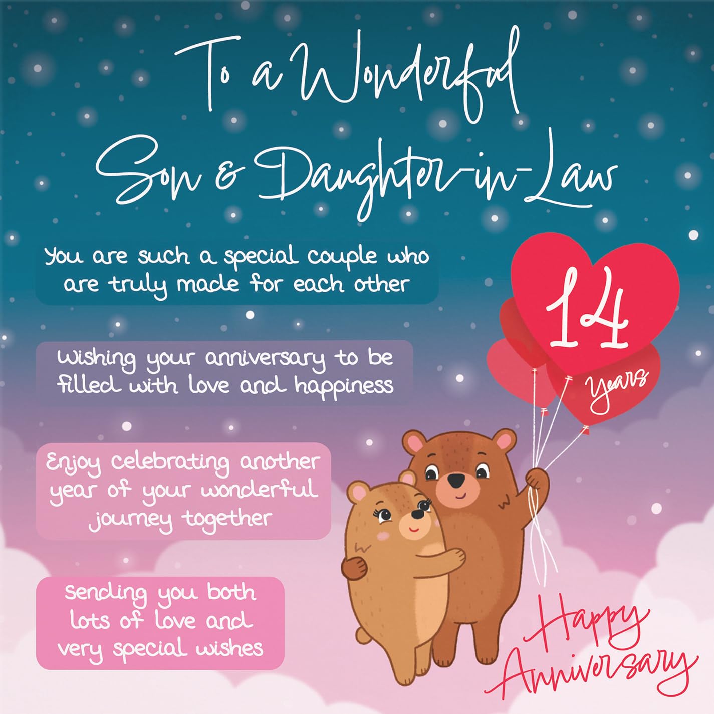 Hunts England, Son And Daughter In Law 14th Anniversary Card, Starry Night, Cute Bears - Image 2