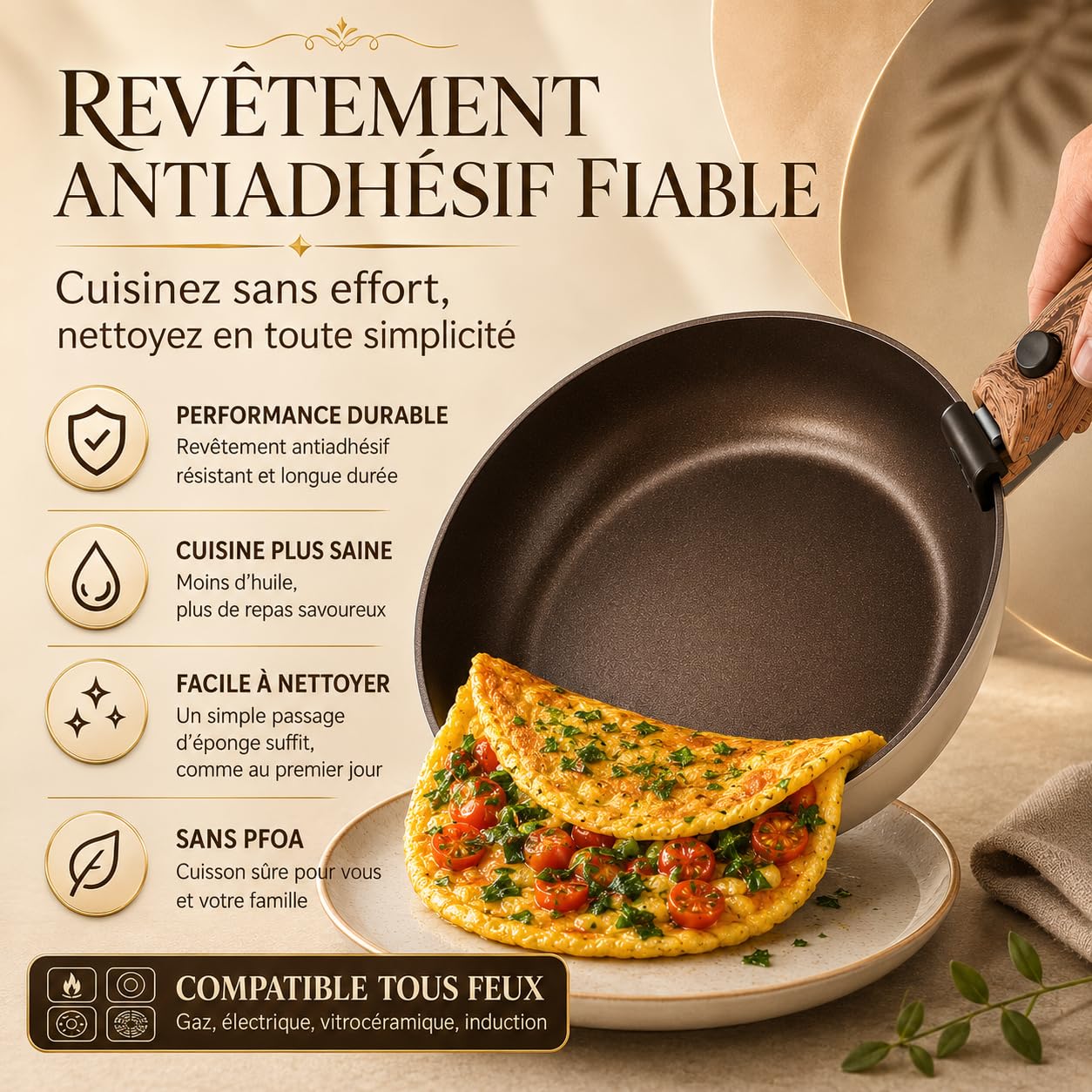 Royal Swiss Lot de Poêles 4 Pièces Beige, 20/24/28 cm avec Manche Amovible, Revêtement Marbre Antiadhésif Sans PFAS PFOA, Induction Tous Feux, Compatible Four Sans Poignéec