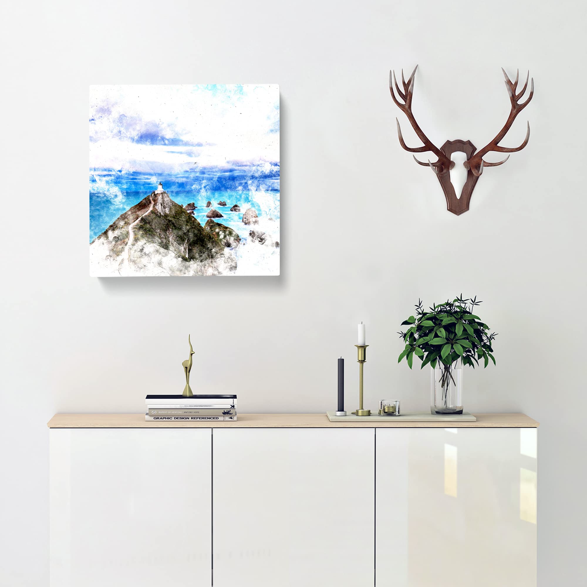 Lighthouse & Seascape New Zealand Watercolour Canvas Print, Mixed, 35L x 35W cm - Image 2