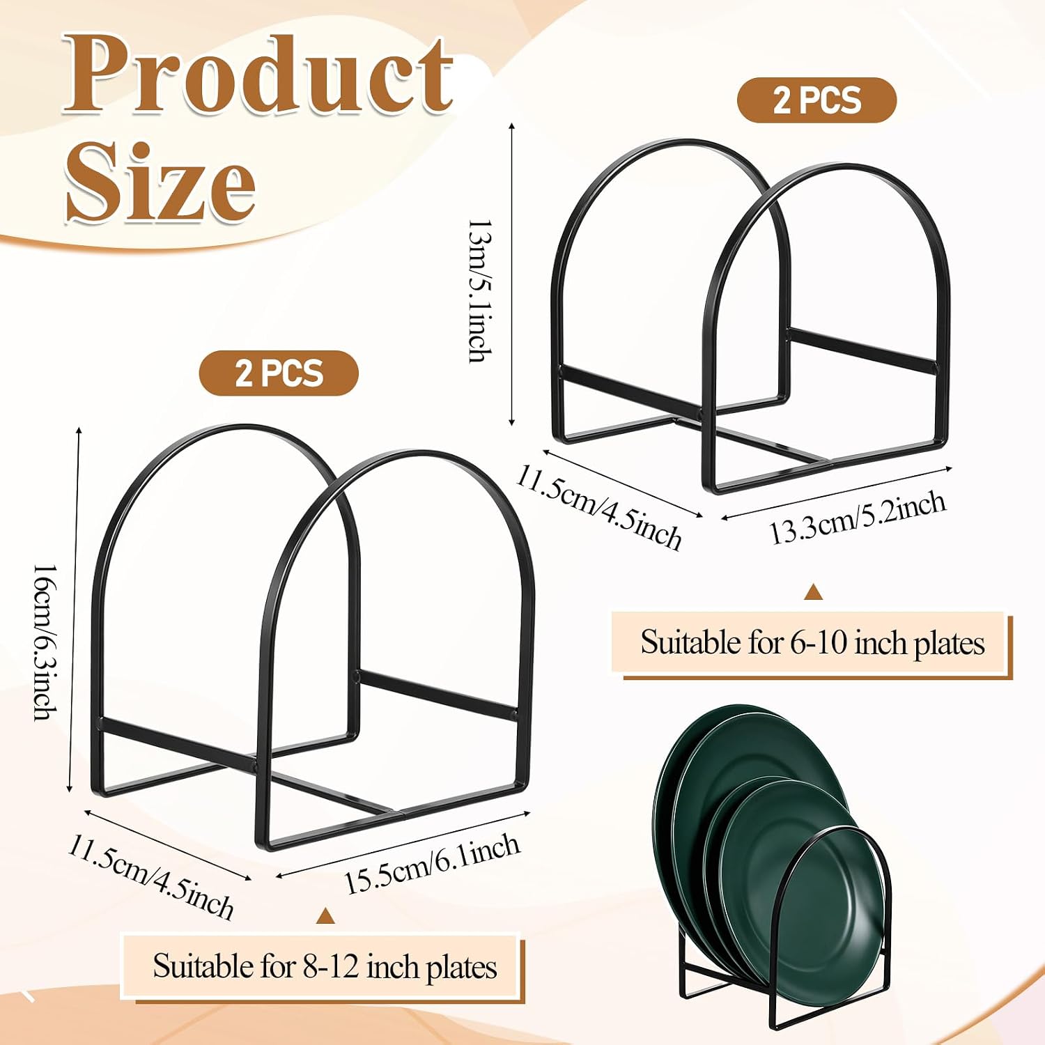 4 Pcs Metal Plate Organizer for Cabinet, Black Dish Organizer 2 Sizes Countertop Upright Dish Drying Racks Space Saver Plat Storage Rack for 6–12 Inch Plates, Pots and Pans (2 Large & 2 Small)