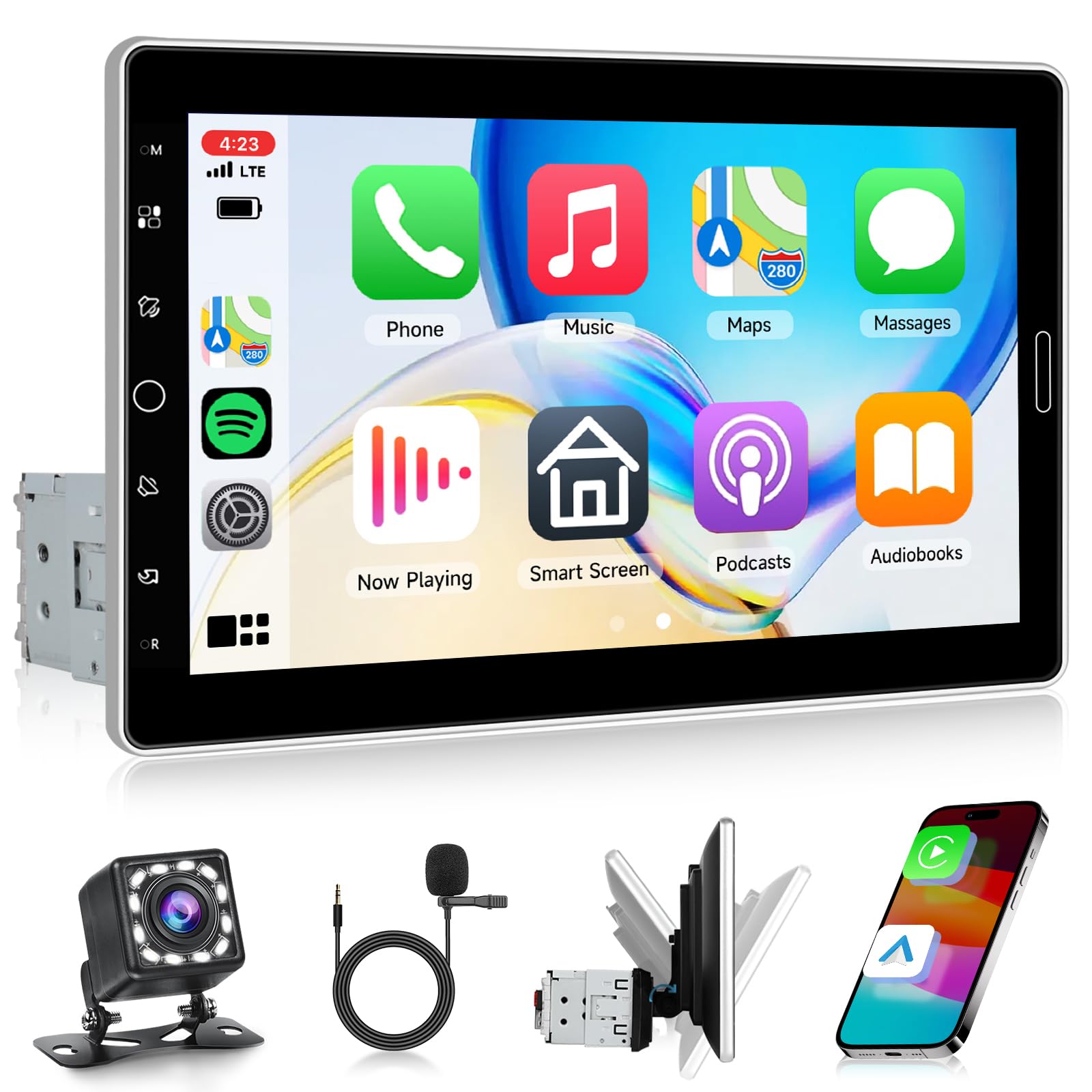 Radio de Coche 1 DIN inalámbrica CarPlay Android Auto, Pantalla táctil IPS de 10,1" giratoria Reproductor de Coche con Bluetooth, Radio Am/FM/RDS, Control del Volante, Ecualizador, Mirror Link, USB