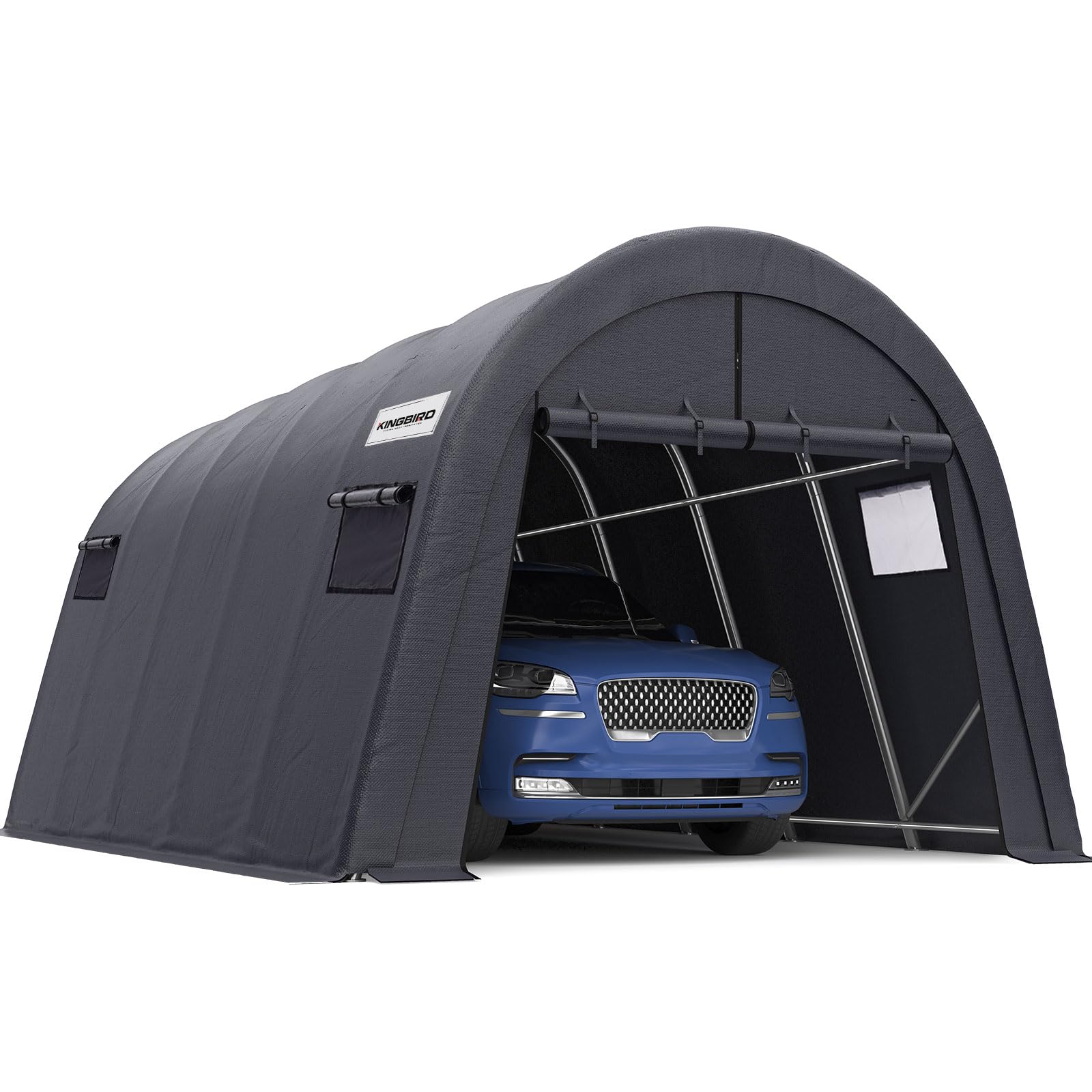 KING BIRD 12' x 20' Oval Pipe Heavy Duty Carport with Roll-up Ventilated Windows for SUV